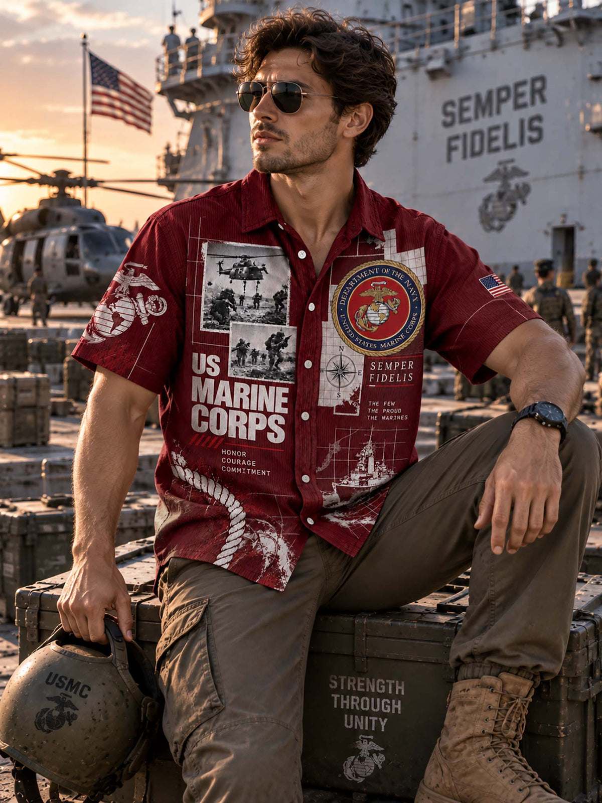 A man wearing a red and white US Marine Corps themed short-sleeve button-up shirt, khaki pants, and sunglasses sits on military crates in front of a ship labeled 'Semper Fidelis'. He holds a helmet in one hand.