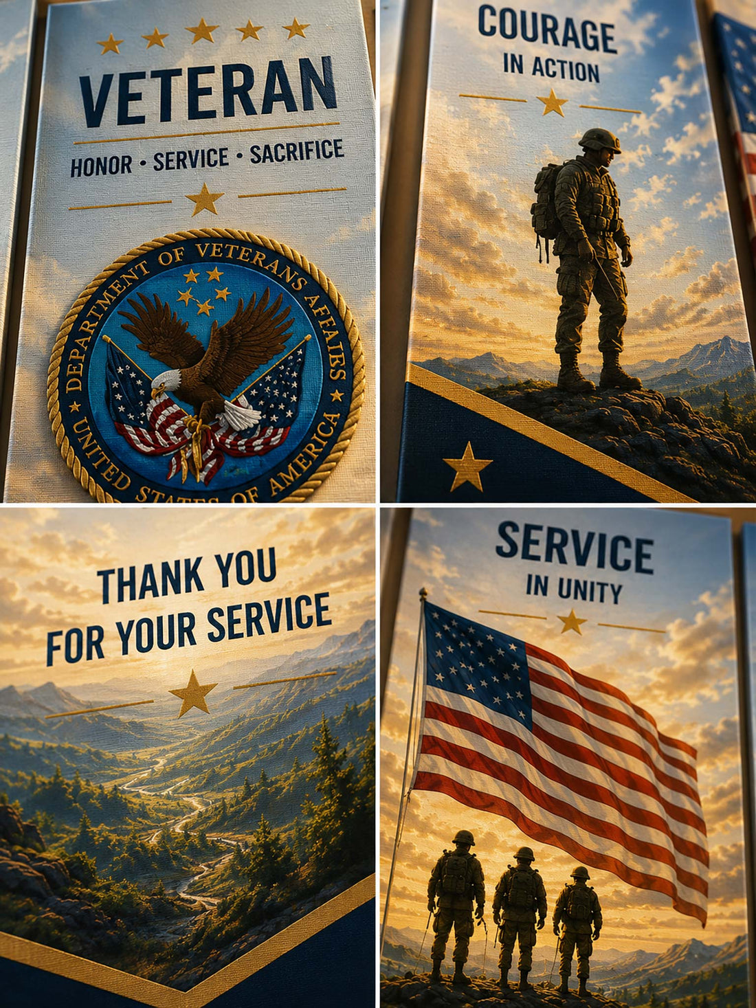 A 5-panel canvas wall art set displayed above a bed in a modern bedroom. The patriotic military-themed prints feature the words Courage, Honor, VETERAN, Service, and Sacrifice, along with American flags, soldiers, an eagle, and a military emblem.