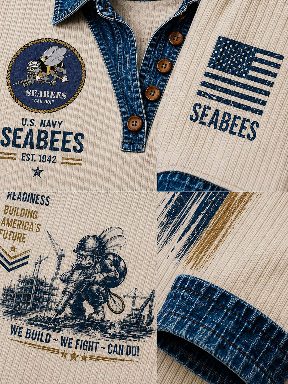 A woman wearing a cream ribbed long-sleeve shirt with a denim collar, buttons, cuffs, and a military-themed graphic print featuring 'U.S.