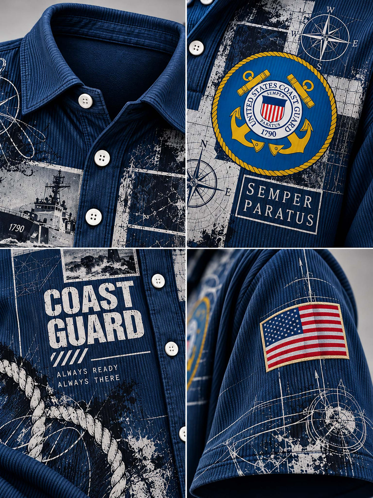 A navy blue short-sleeve button-up shirt with a coastal and nautical theme, featuring a Coast Guard emblem, 'Semper Paratus' text, rope graphic, US flag patch, and blueprint-style print details.