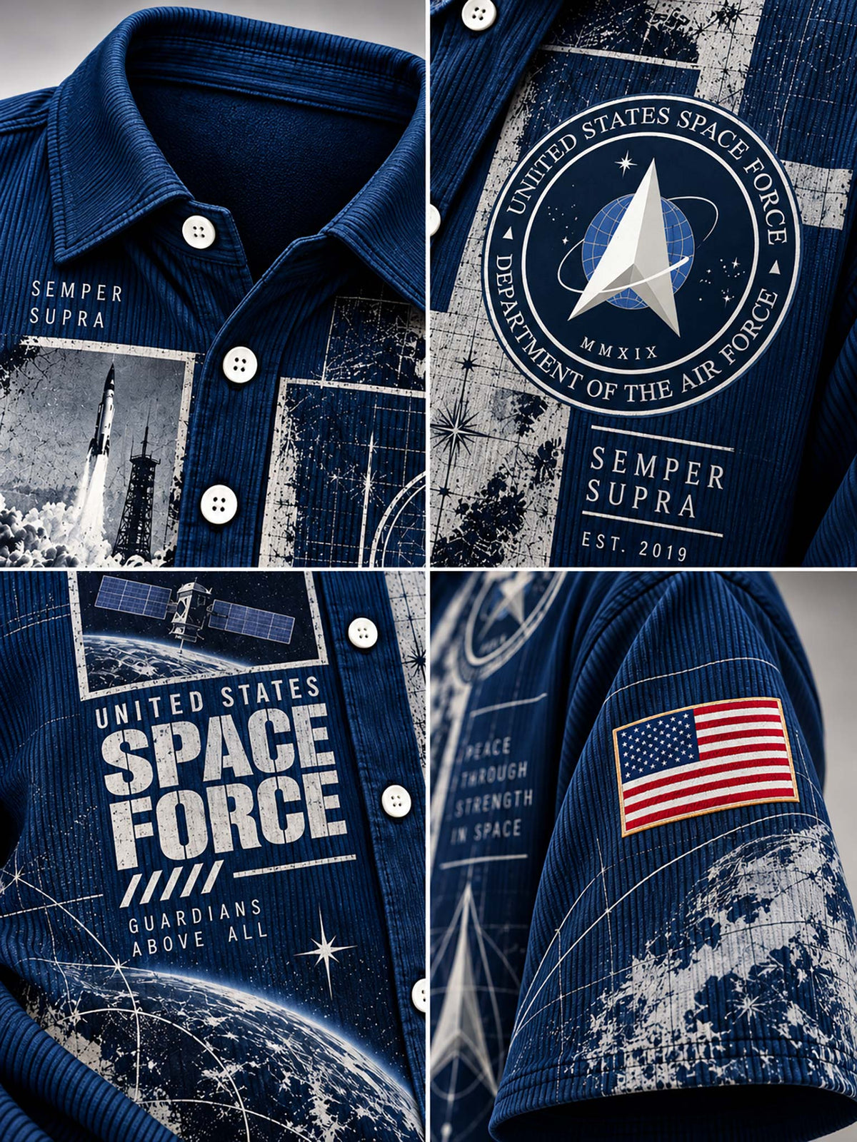 A navy blue short-sleeve button-up shirt with United States Space Force graphics, shown in a four-panel collage. The shirt features the Space Force emblem, 'SEMPER SUPRA' text, a space launch graphic, an American flag patch on the sleeve, and distressed white space-themed patterns.