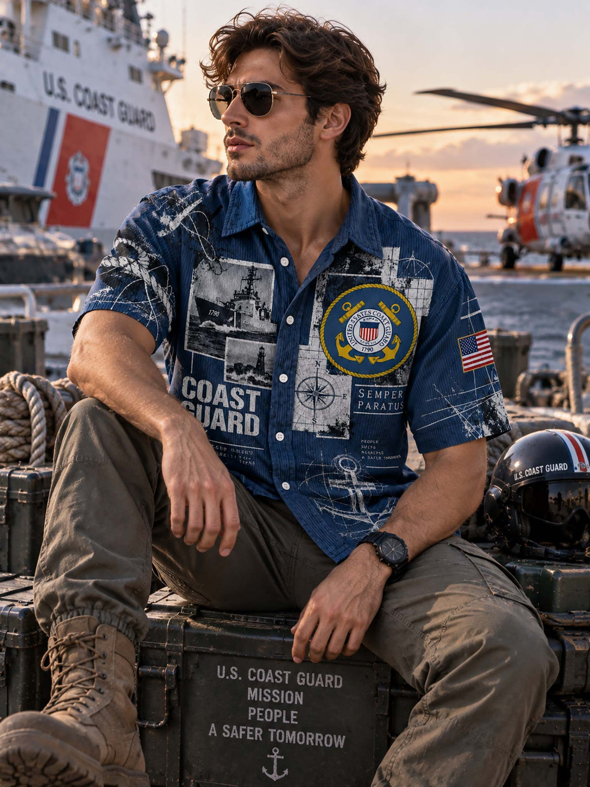 A man wearing a blue U.S.