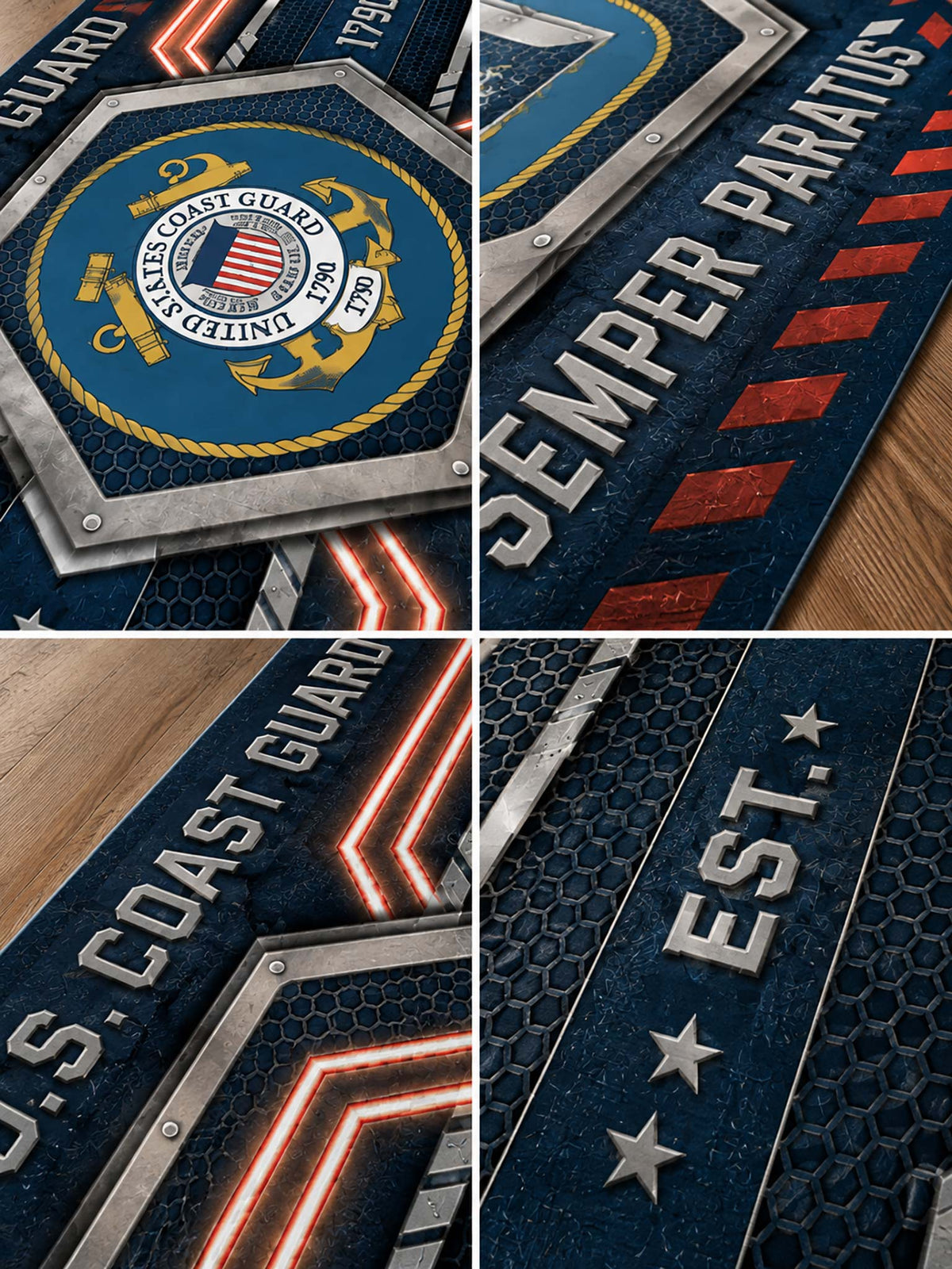 A four-panel close-up collage of a U.S.