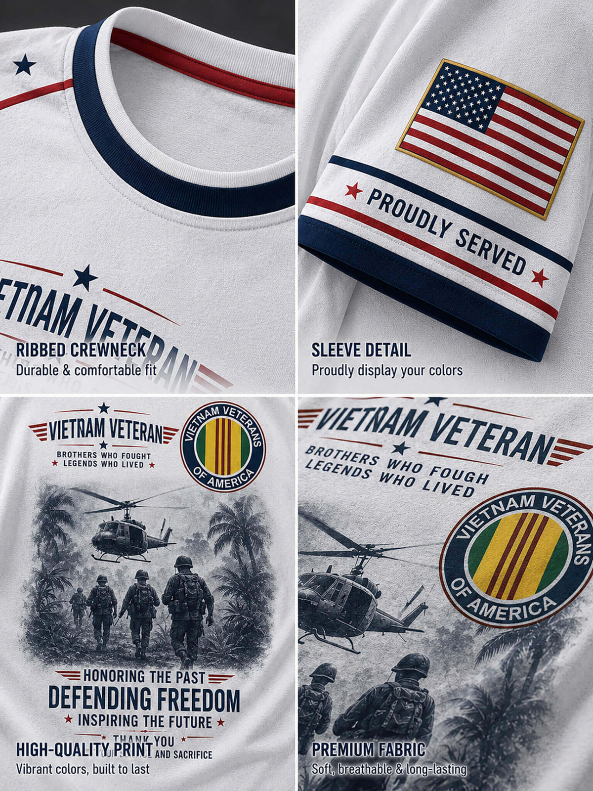 Four-panel product detail collage of a white Vietnam Veteran themed ribbed crewneck t-shirt. The panels show the collar, sleeve detail with a US flag patch and 'PROUDLY SERVED' text, and a close-up of the graphic print featuring helicopters, soldiers, and the 'VIETNAM VETERANS OF AMERICA' emblem.