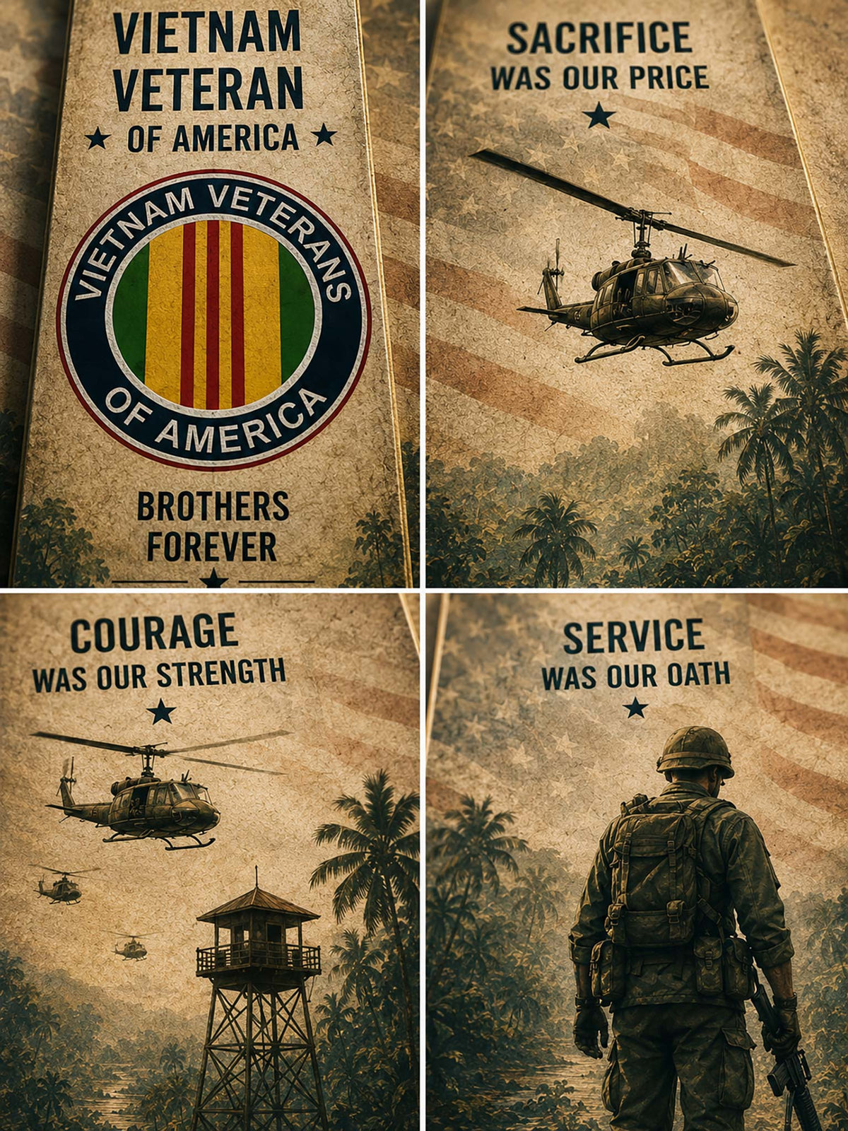 A four-panel vintage-style poster collage with patriotic military themes. The panels show a Vietnam Veteran emblem, a helicopter over an American flag, a watchtower with helicopters, and a soldier seen from behind, with text reading 'Vietnam Veteran of America,' 'Sacrifice Was Our Price,' 'Courage Was Our Strength,' and 'Service Was Our Oath.