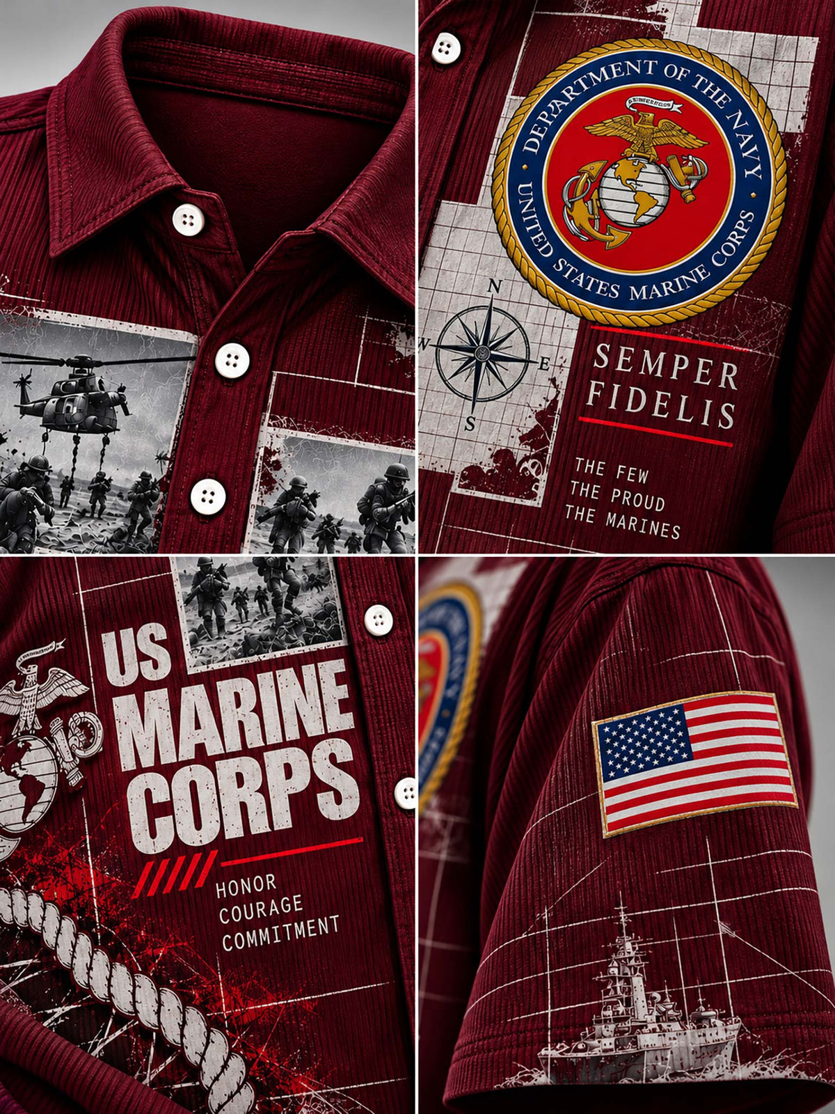 A close-up collage of a dark red corduroy short-sleeve button-up shirt with military-themed graphics, including the United States Marine Corps emblem, Semper Fidelis text, USMC insignia, an American flag patch, and ship/helicopter imagery.