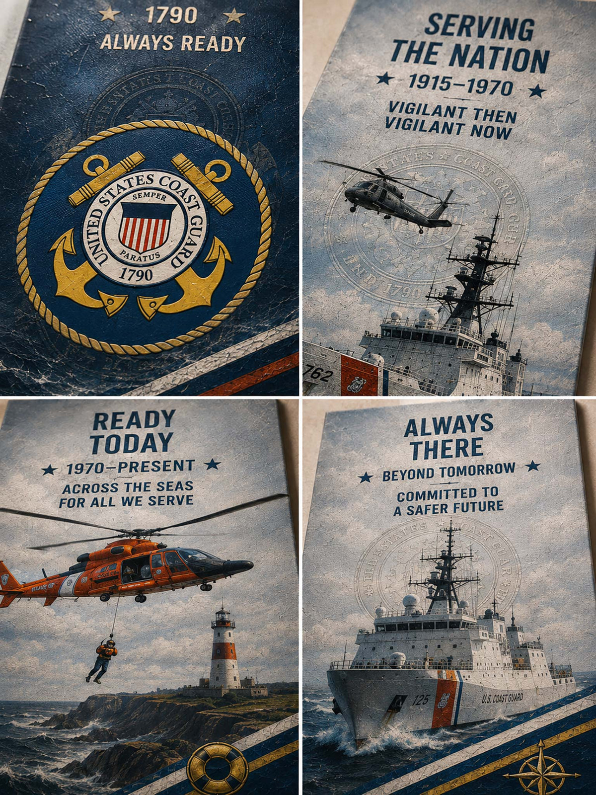 A four-panel collage of navy and gray military-themed posters with text such as 'Always Ready,' 'Serving the Nation,' 'Ready Today,' and 'Always There,' plus illustrations of a ship, helicopter, and lighthouse.
