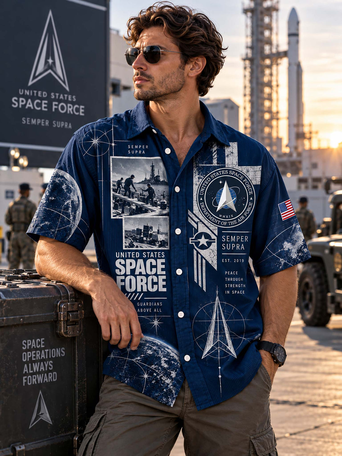 A man wearing a short-sleeve button-up shirt with a dark blue space-themed graphic print featuring 'United States Space Force' text, rockets, satellites, a delta symbol, and an American flag patch on the sleeve, paired with light blue jeans against a light gray background.