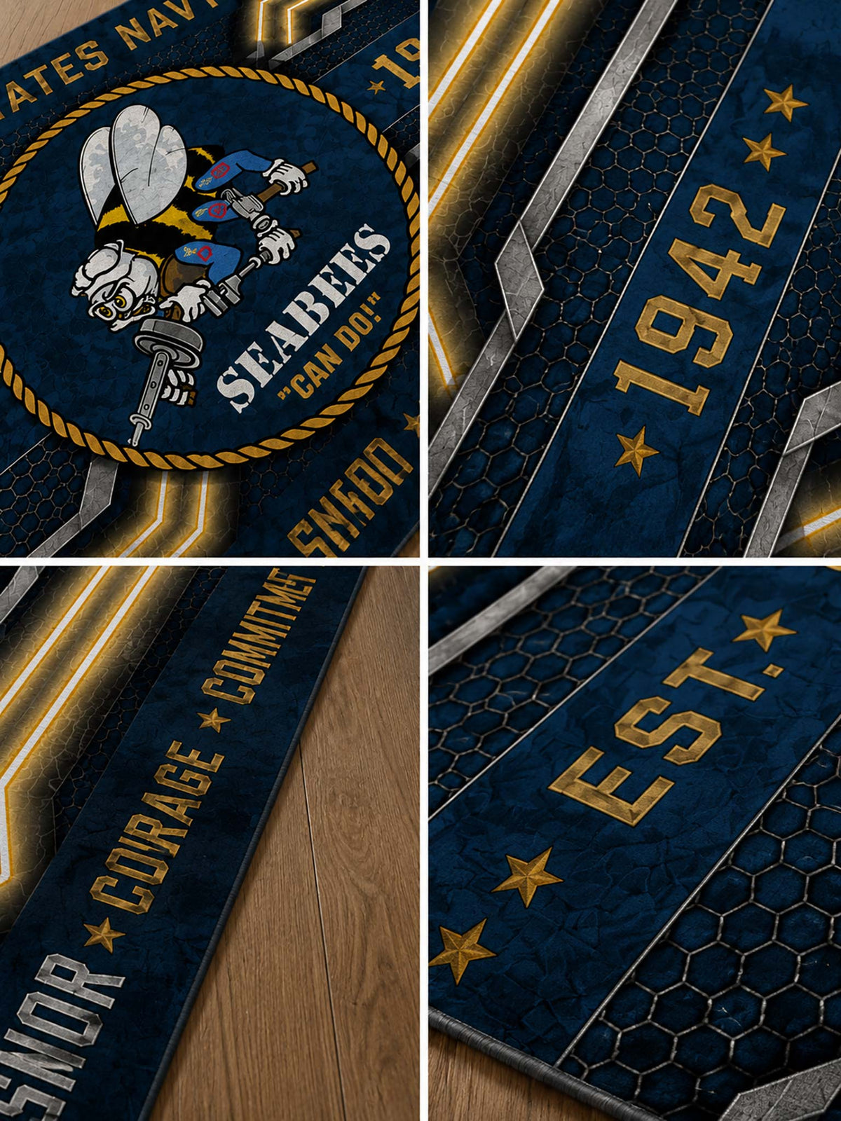 A navy blue and gold Seabees-themed rug shown in a four-panel detail layout. The rug features the Seabees mascot, the words 'SEABEES CAN DO!', '1942', 'EST.