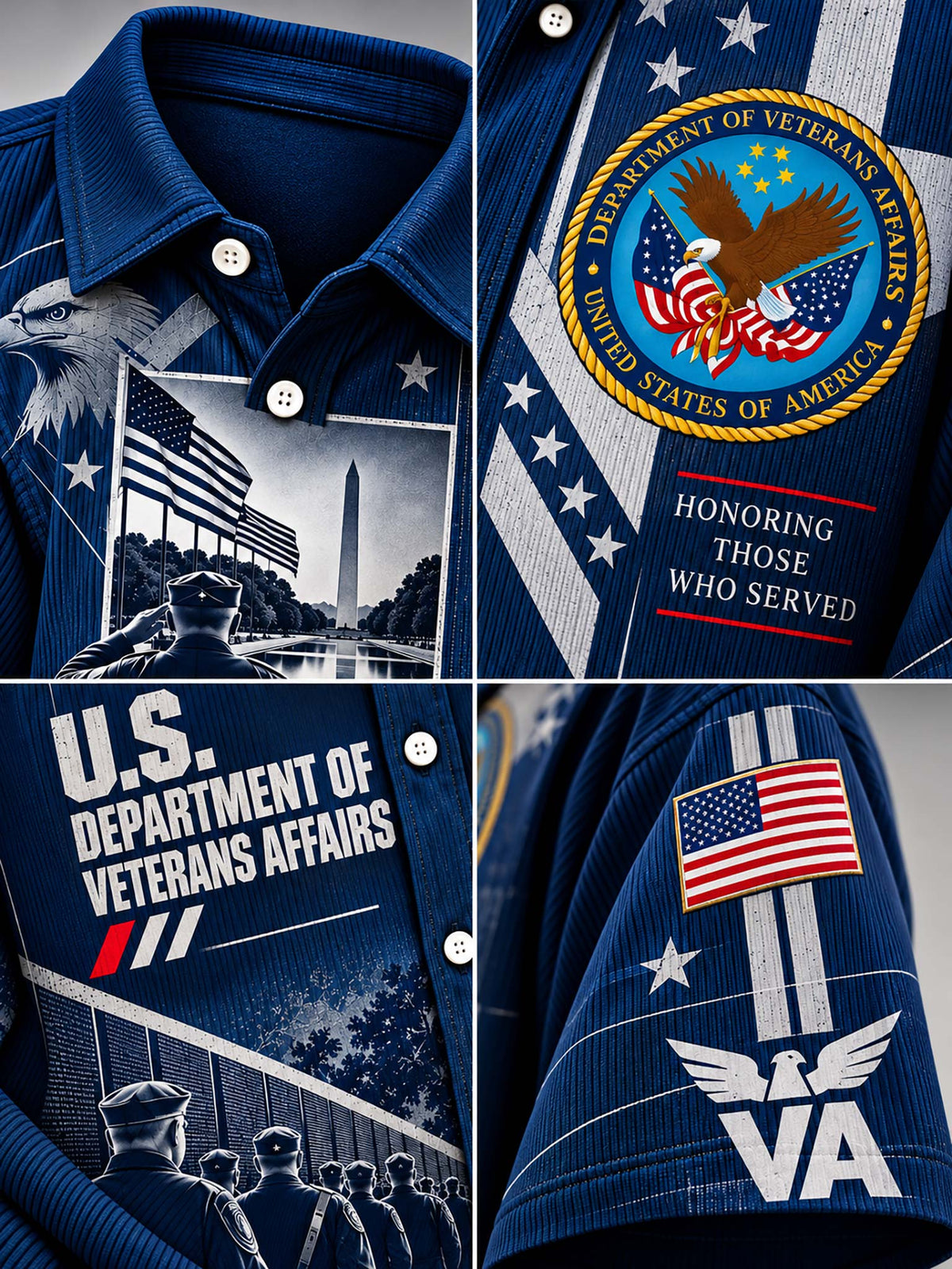 A navy blue collared shirt shown in a four-panel collage, featuring U.S.