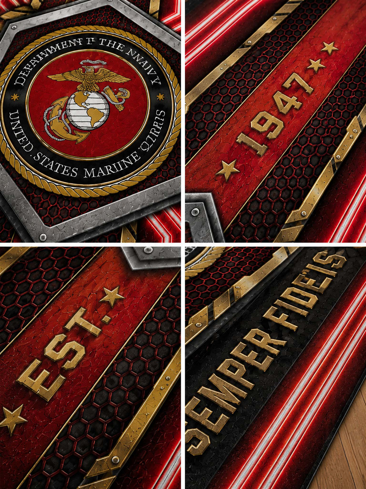 A four-panel close-up collage of a decorative United States Marine Corps themed sign or plaque. The panels show the Marine Corps emblem, the year 1947, the word EST.