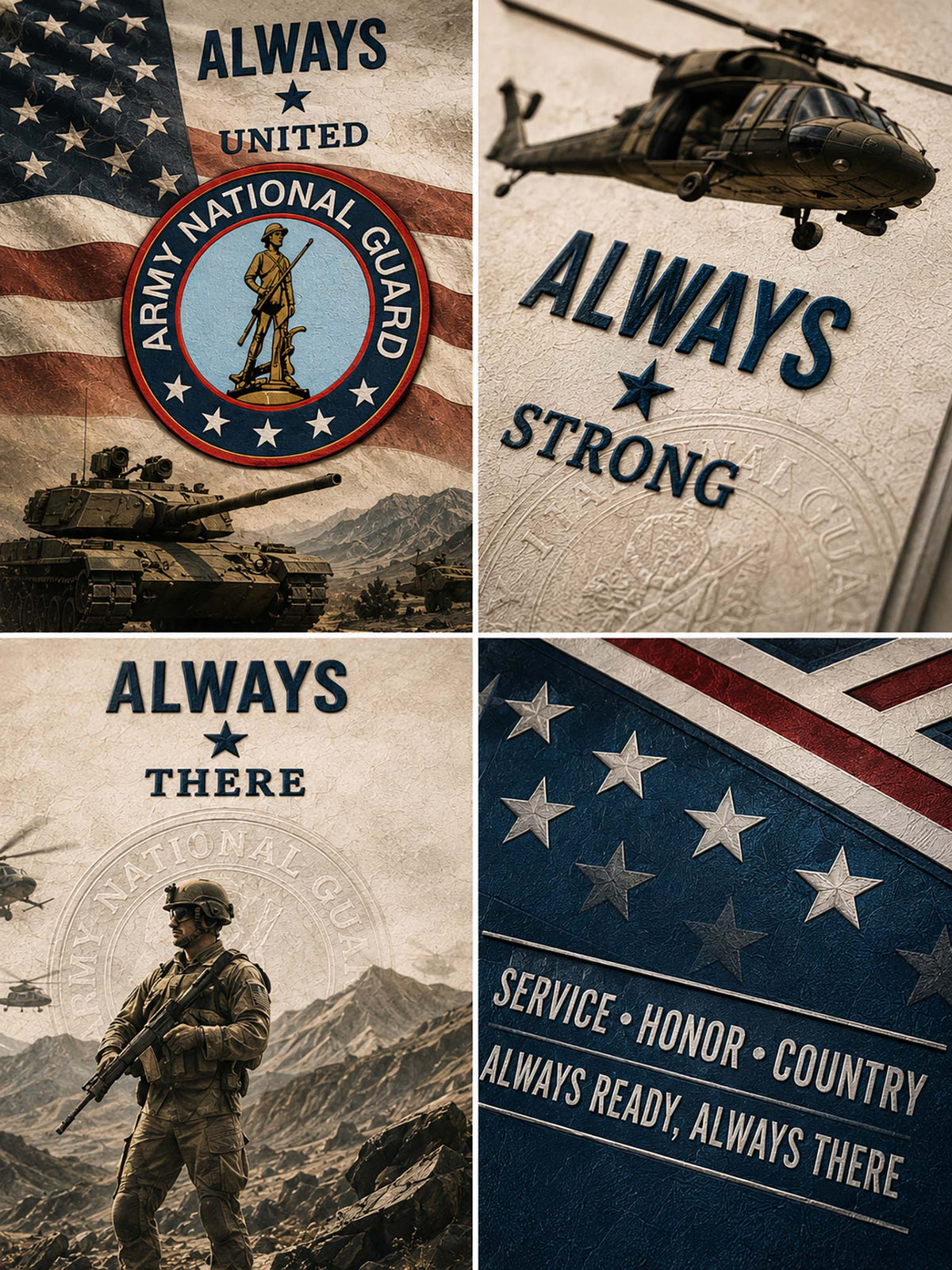 A four-panel collage of military-themed printed graphics with the words 'ALWAYS UNITED,' 'ALWAYS STRONG,' and 'ALWAYS THERE,' featuring the Army National Guard emblem, a helicopter, a tank, a soldier, and an American flag design.