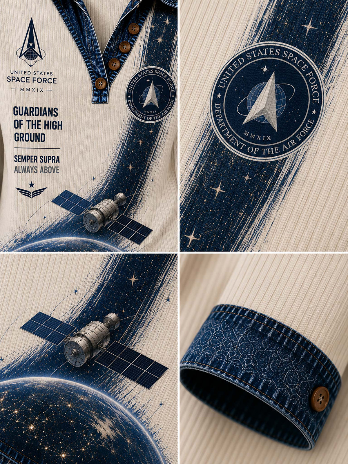 A close-up collage of a long-sleeve shirt showing the printed design and fabric details. The shirt has a cream base with a dark blue space-themed print featuring a United States Space Force emblem, a satellite, stars, and a planet.