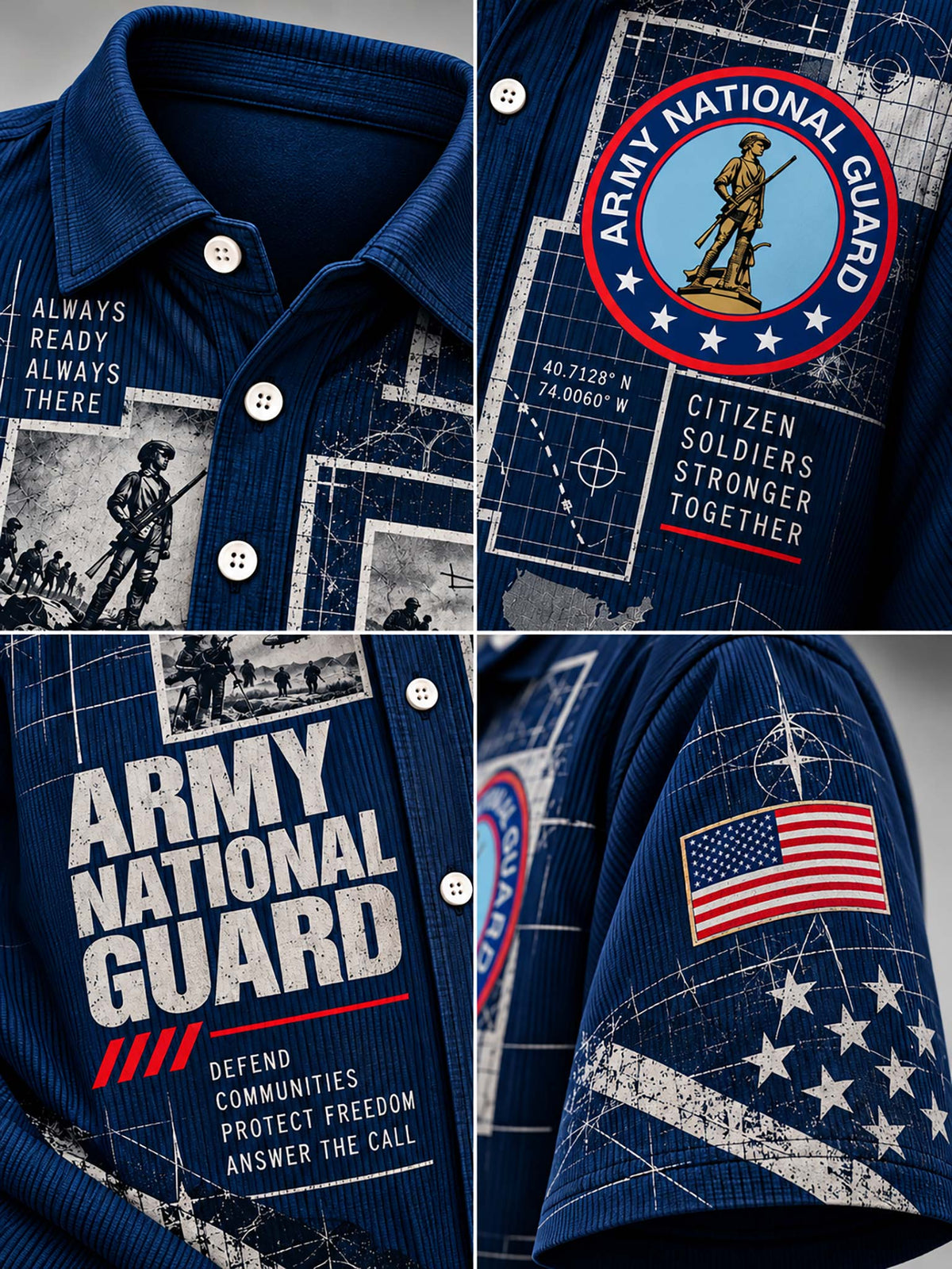 A navy blue short-sleeve button-up shirt shown in a four-panel collage, featuring Army National Guard graphics including a circular emblem, 'Always Ready Always There' text, star-and-stripe flag patch, and tactical map-style print.