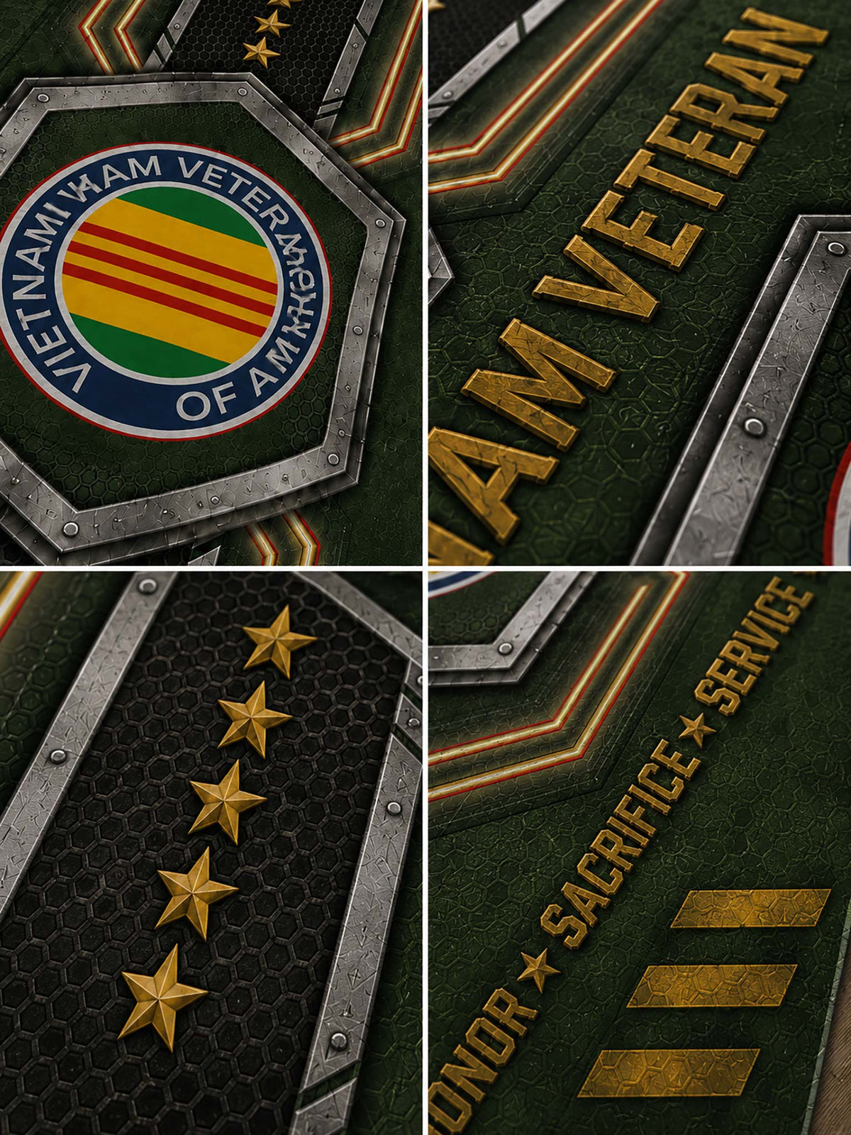 A four-panel close-up collage of a military-style emblem and text details, including 'Vietnam Veteran of America' with the Vietnam flag, large gold 'VETERAN' lettering, five gold stars, and 'HONOR SACRifice SERVICE' with gold stripes on a dark green textured background with metallic gray borders.
