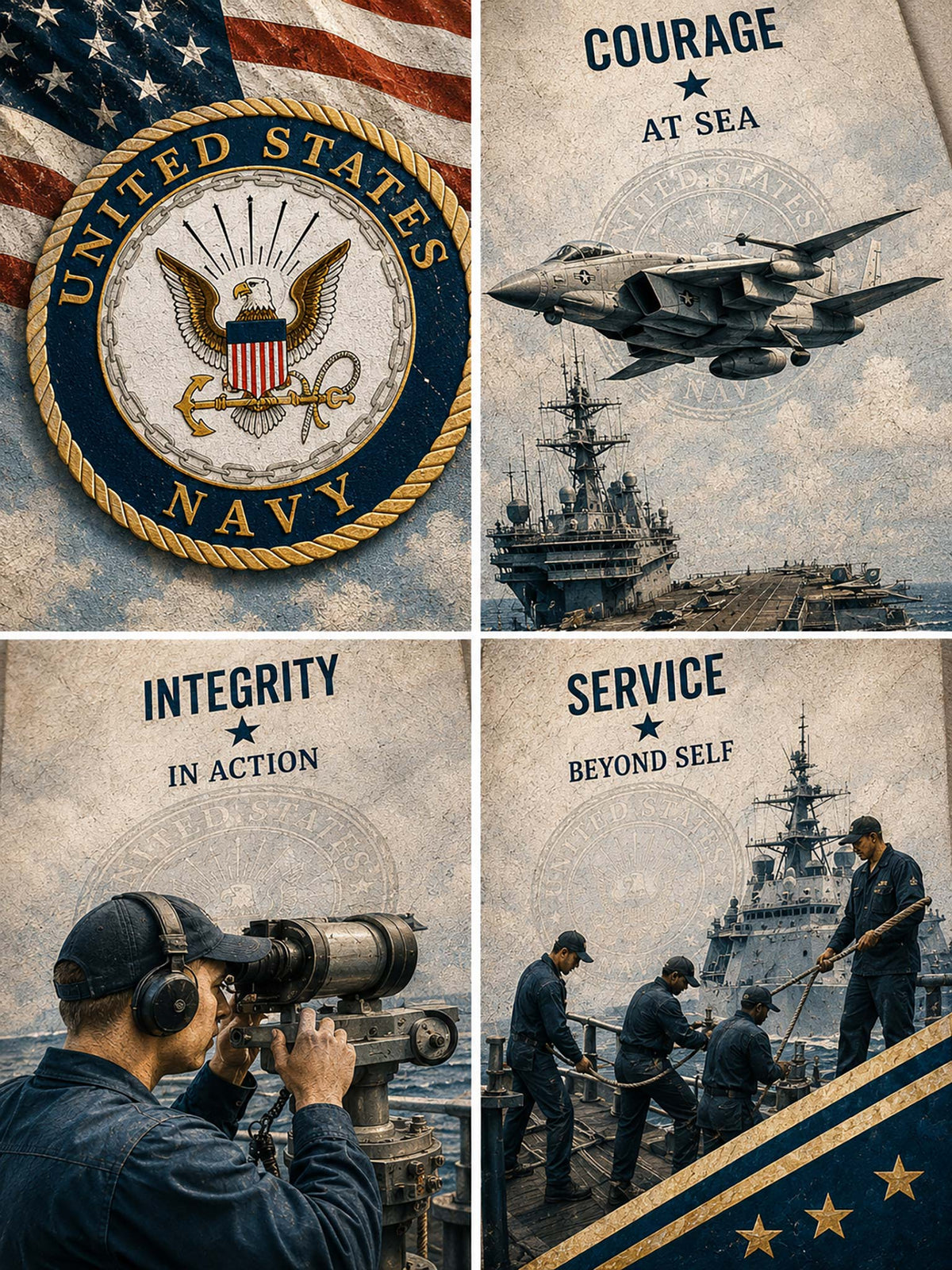 A four-panel collage featuring United States Navy-themed artwork: a large Navy seal over an American flag, a fighter jet flying above an aircraft carrier with the text 'COURAGE AT SEA,' a sailor looking through binoculars with the text 'INTEGRITY IN ACTION,' and crew members working on deck beside a ship with the text 'SERVICE BEYOND SELF' and a navy battle flag.