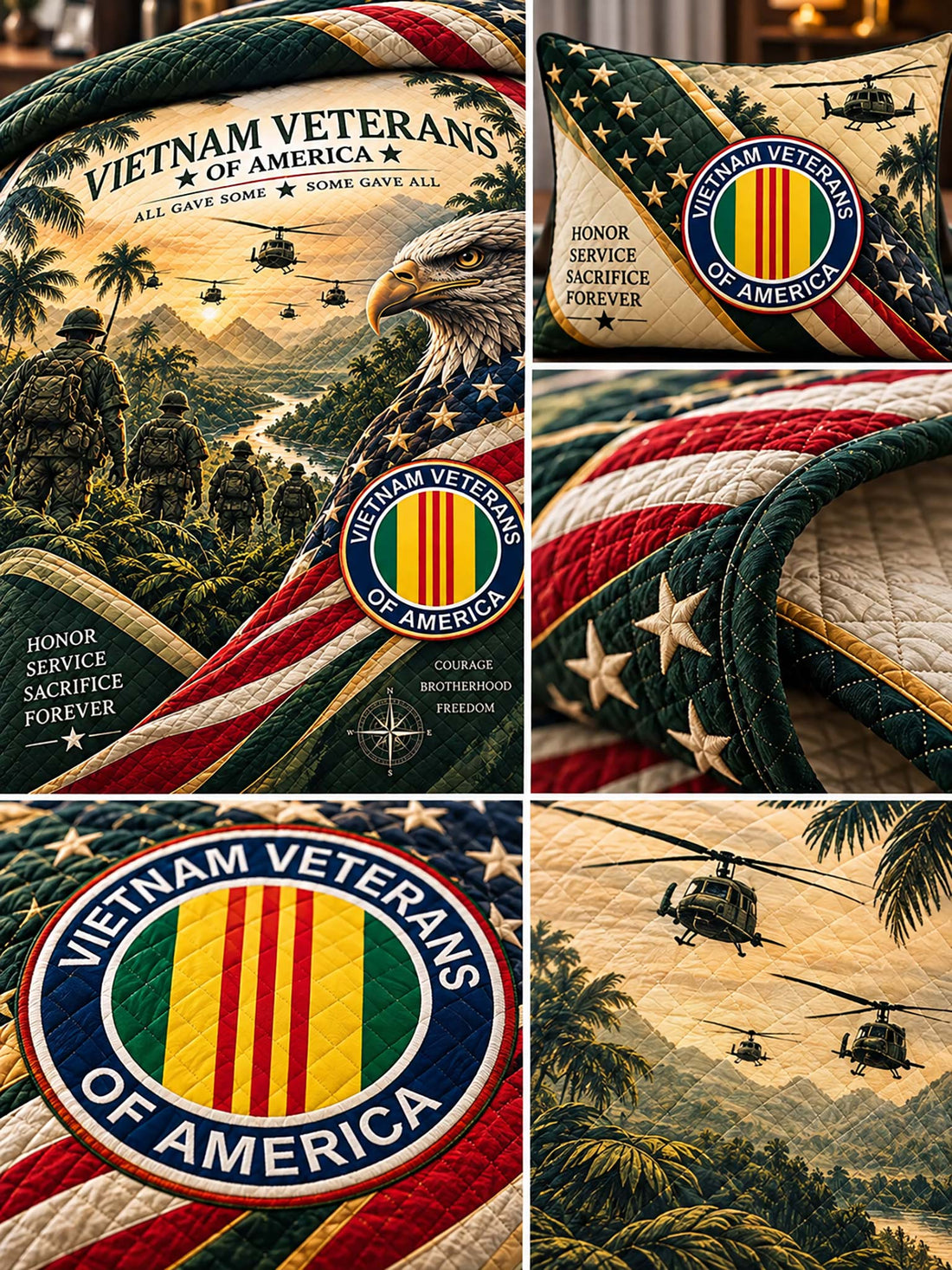 A military-themed bedding set featuring a Vietnam Veterans of America printed comforter and two matching pillow shams in a styled bedroom setting.