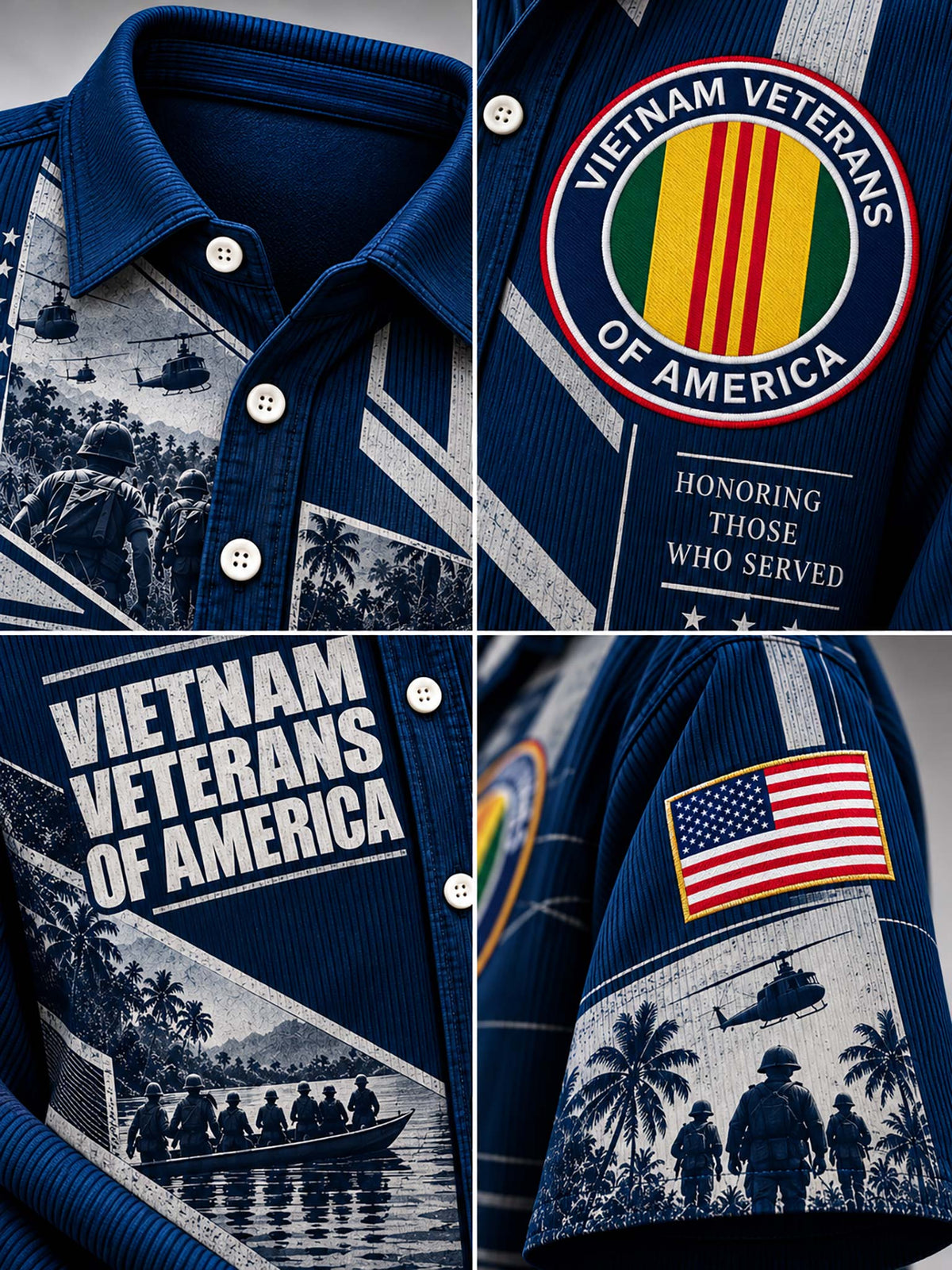 A navy blue button-up shirt shown in a four-panel collage, featuring Vietnam Veterans of America graphics, including a large circular chest patch, 'VIETNAM VETERANS OF AMERICA' text on the front, a U.S.