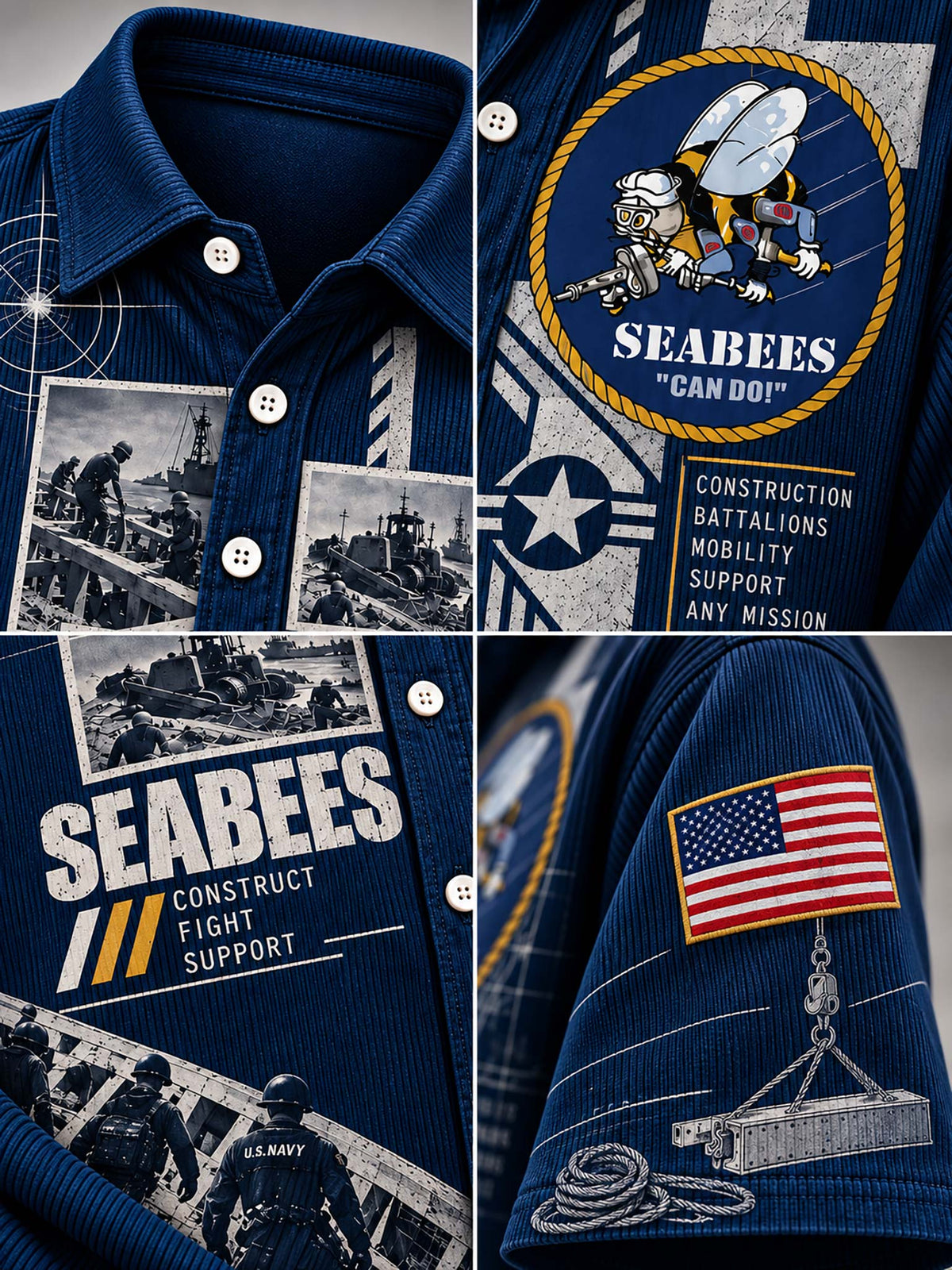 A close-up collage of a navy blue corduroy shirt with military-themed graphics, including a Seabees emblem, construction support text, black-and-white wartime photos, an American flag patch, and nautical line art.