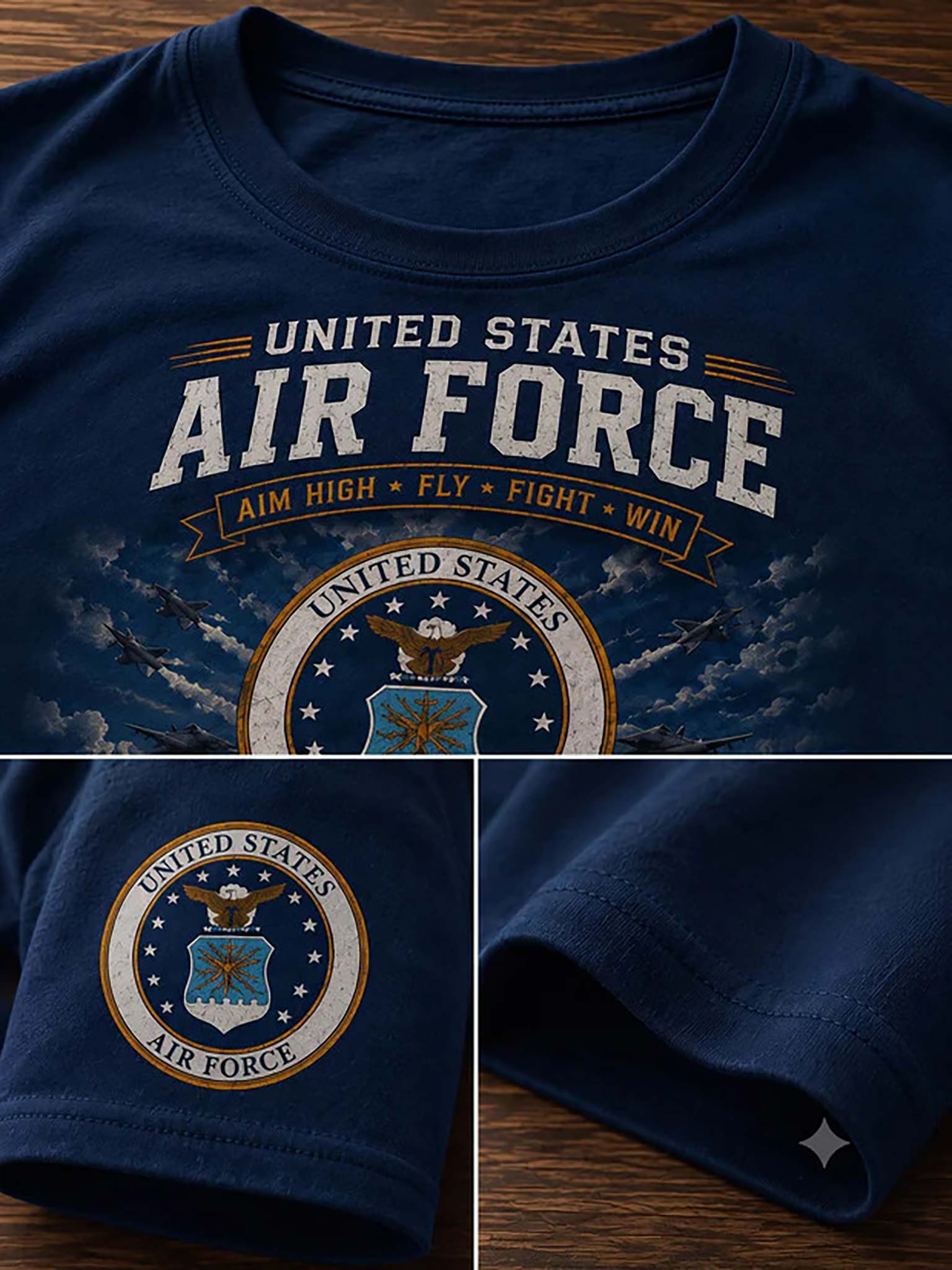 A navy blue short-sleeve T-shirt shown in a three-panel collage on a wood surface. The main panel shows a large front graphic reading 'UNITED STATES AIR FORCE' with a banner and crest, plus a sky-and-aircraft print.