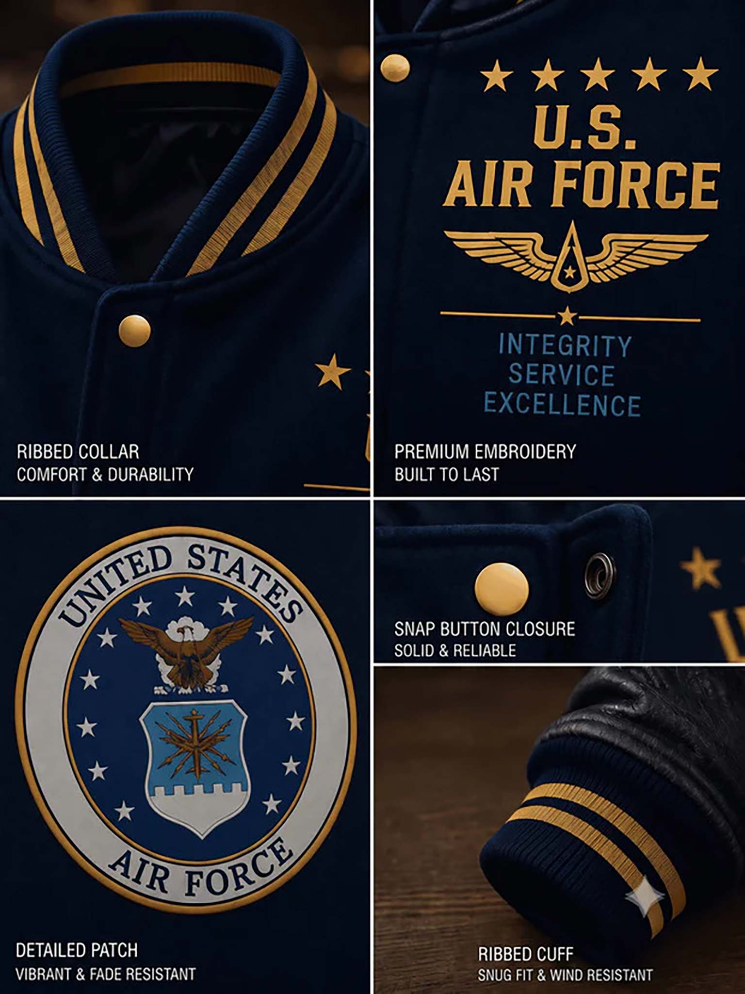 A four-panel product detail collage of a navy blue varsity-style jacket with gold and light blue U.S.