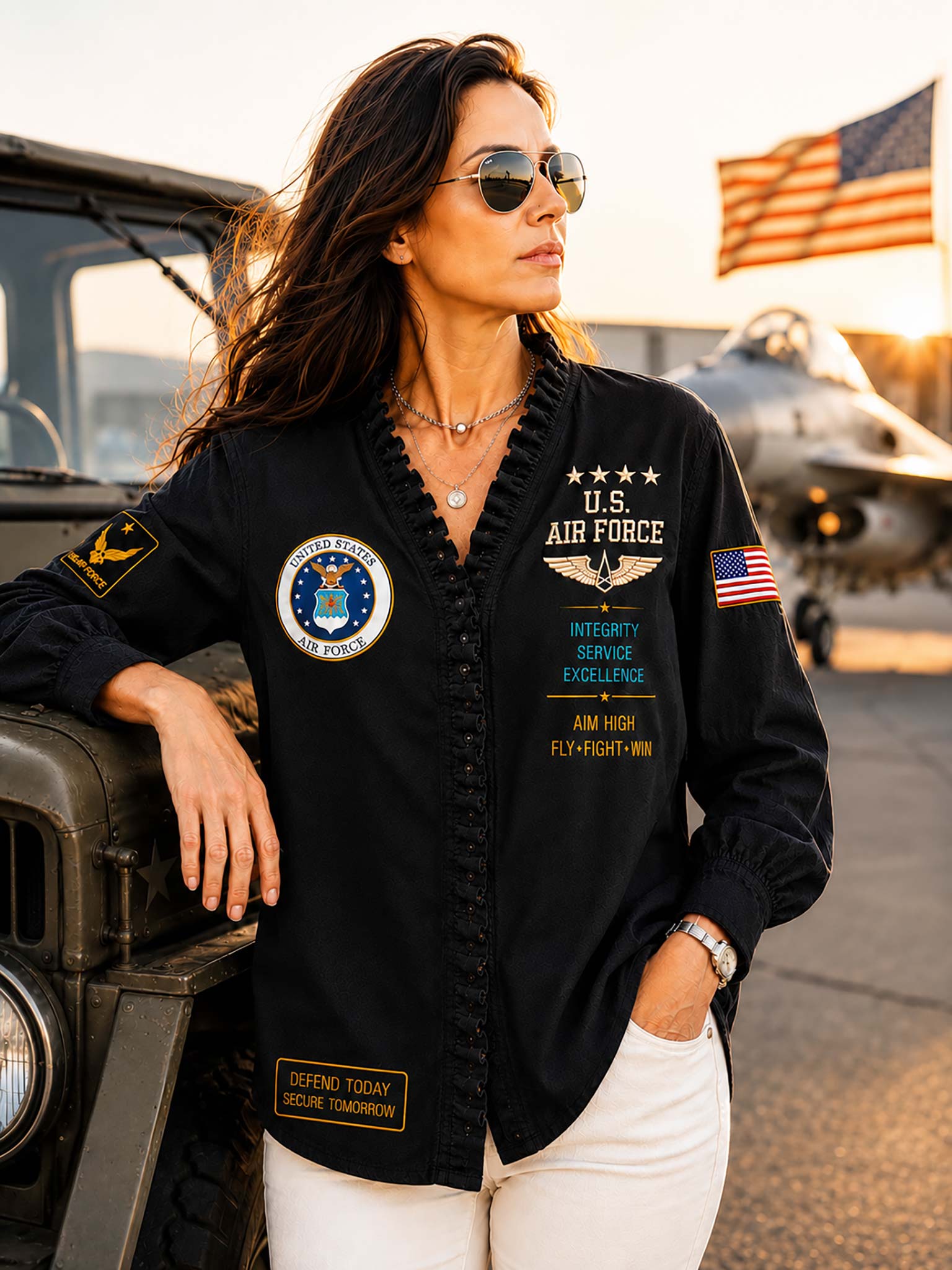 A woman wearing a black U.S.