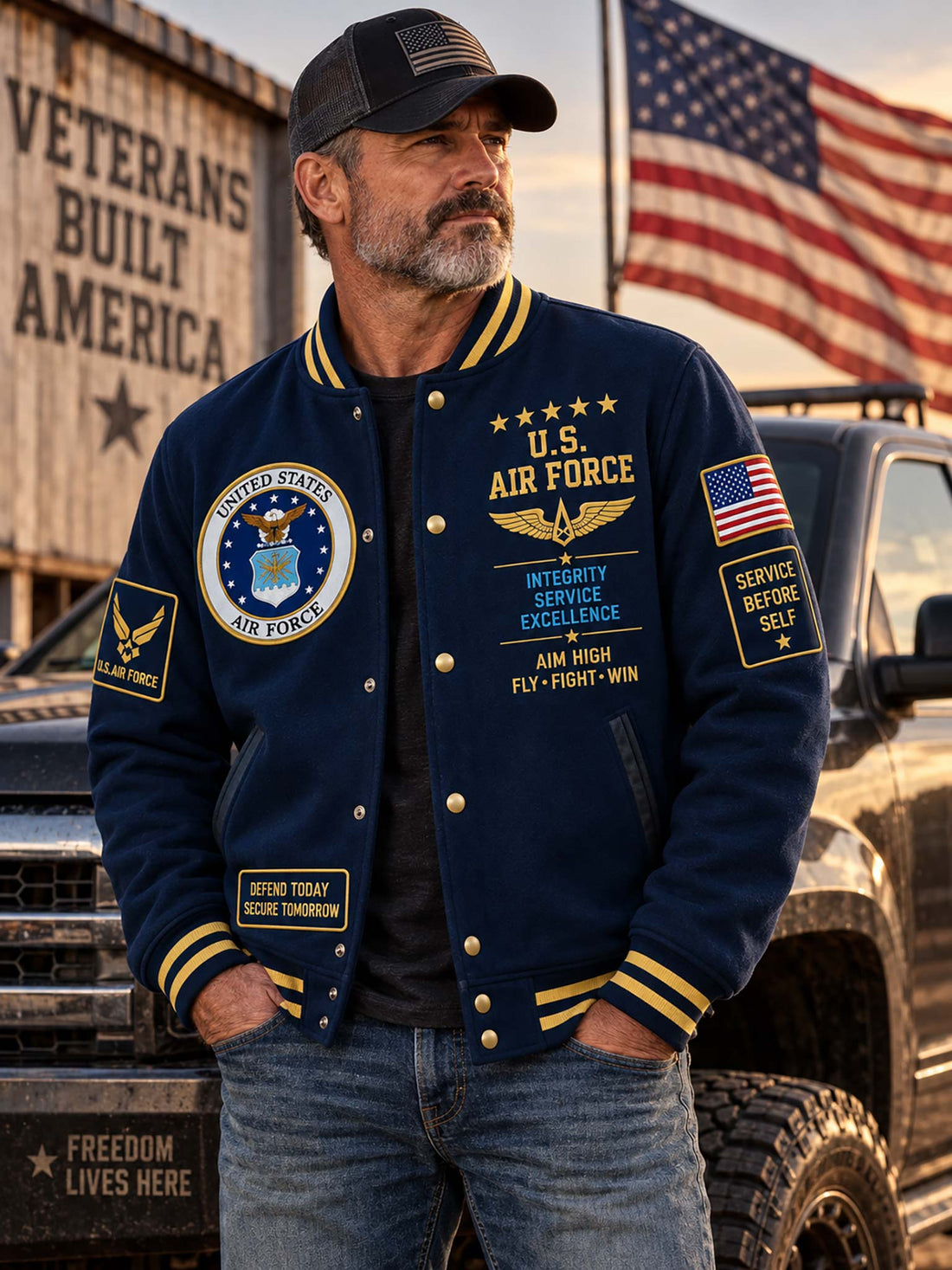 A navy blue varsity-style jacket with gold and white United States Air Force graphics, shown from the front and back against a dark American flag background. The jacket features large Air Force emblems, gold buttons, and ribbed gold and white trim.