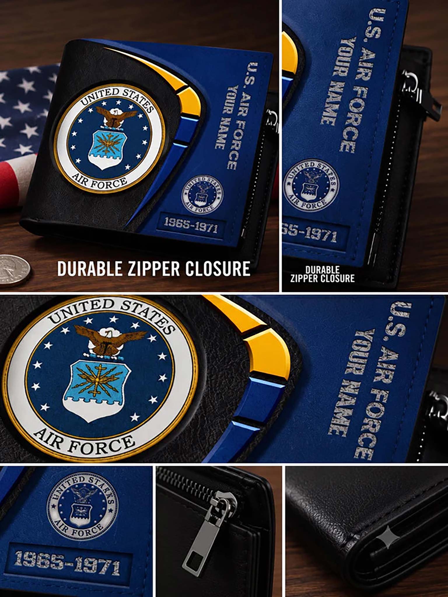 A detailed product feature infographic showing a close-up of a Star Trek-themed wallet. The image contains five labeled panels highlighting the premium leather surface, durable zipper, precision stitching, sharp vibrant printing, and refined edge finish.