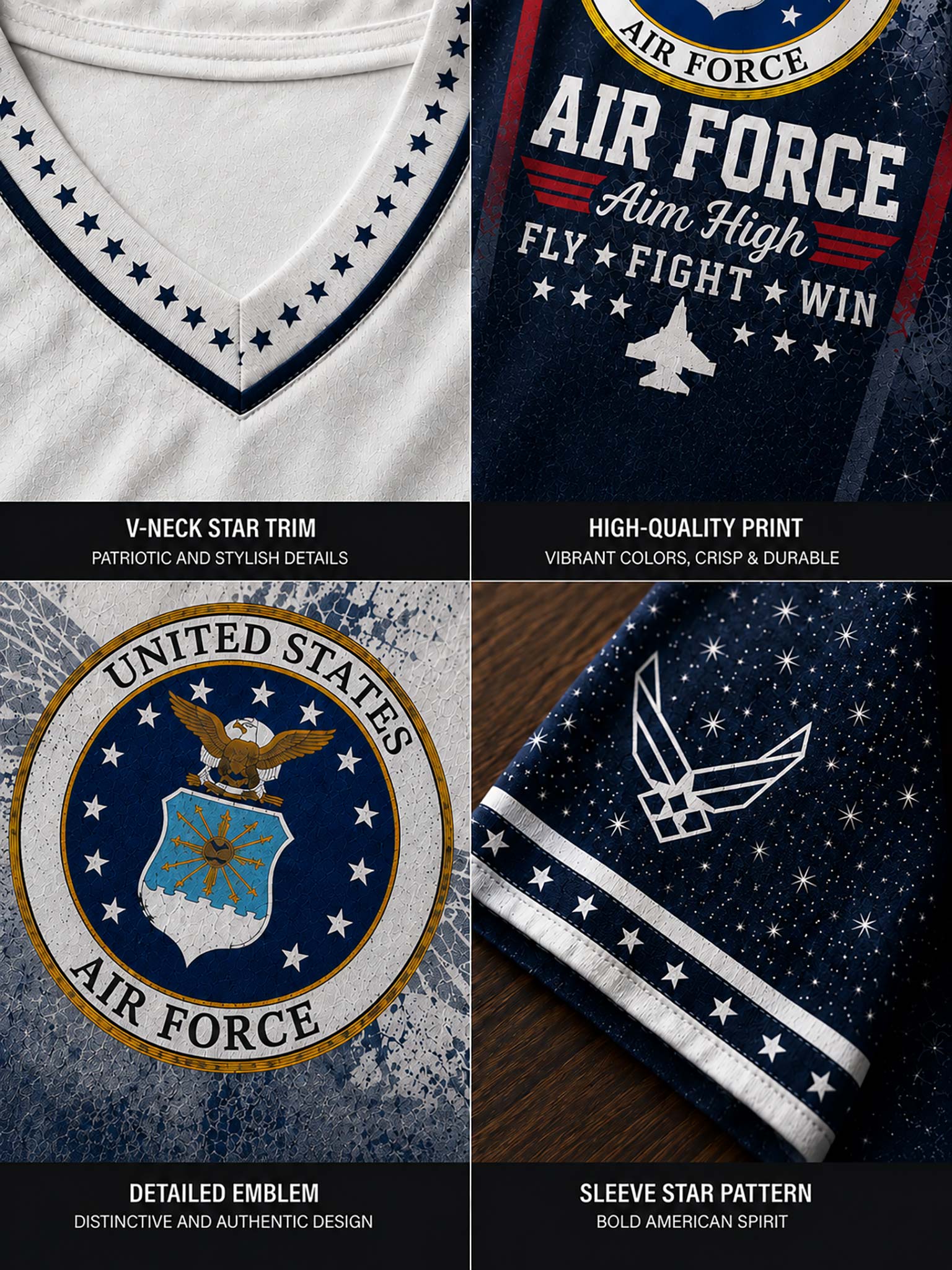 Four-panel product detail collage for a United States Air Force themed V-neck t-shirt. The panels show the white V-neck with navy star trim, a navy graphic print with 'AIR FORCE Aim High FLY FIGHT WIN' and jet silhouette, a close-up of the circular Air Force emblem, and a navy sleeve with a white star pattern.