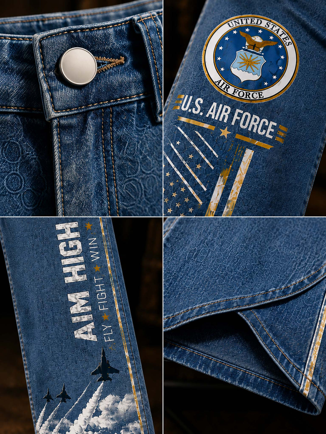 Close-up collage of blue denim jeans showing the waistband with a silver button, a U.S.