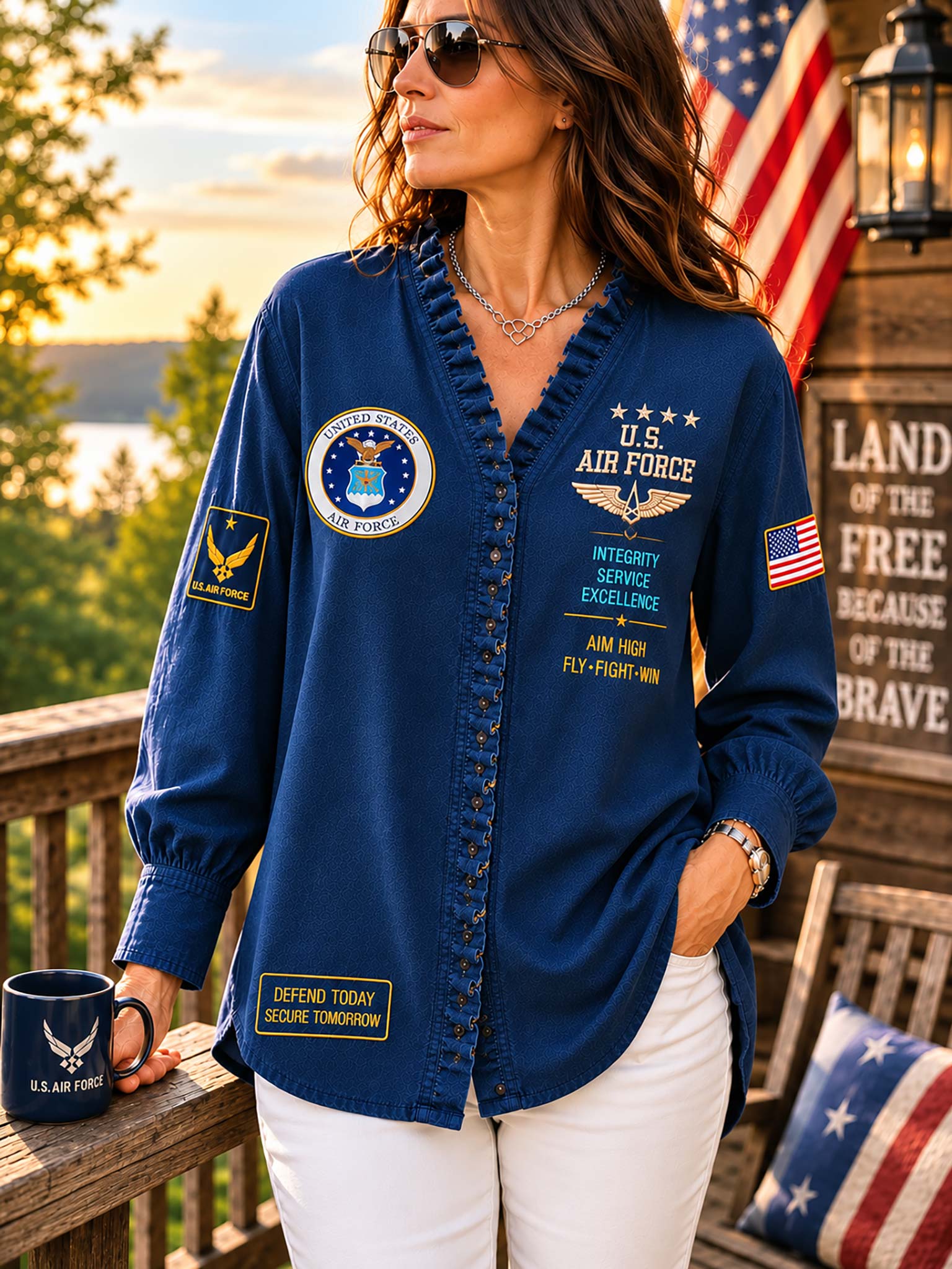 A woman wearing a navy blue long-sleeve button-up shirt with U.S.
