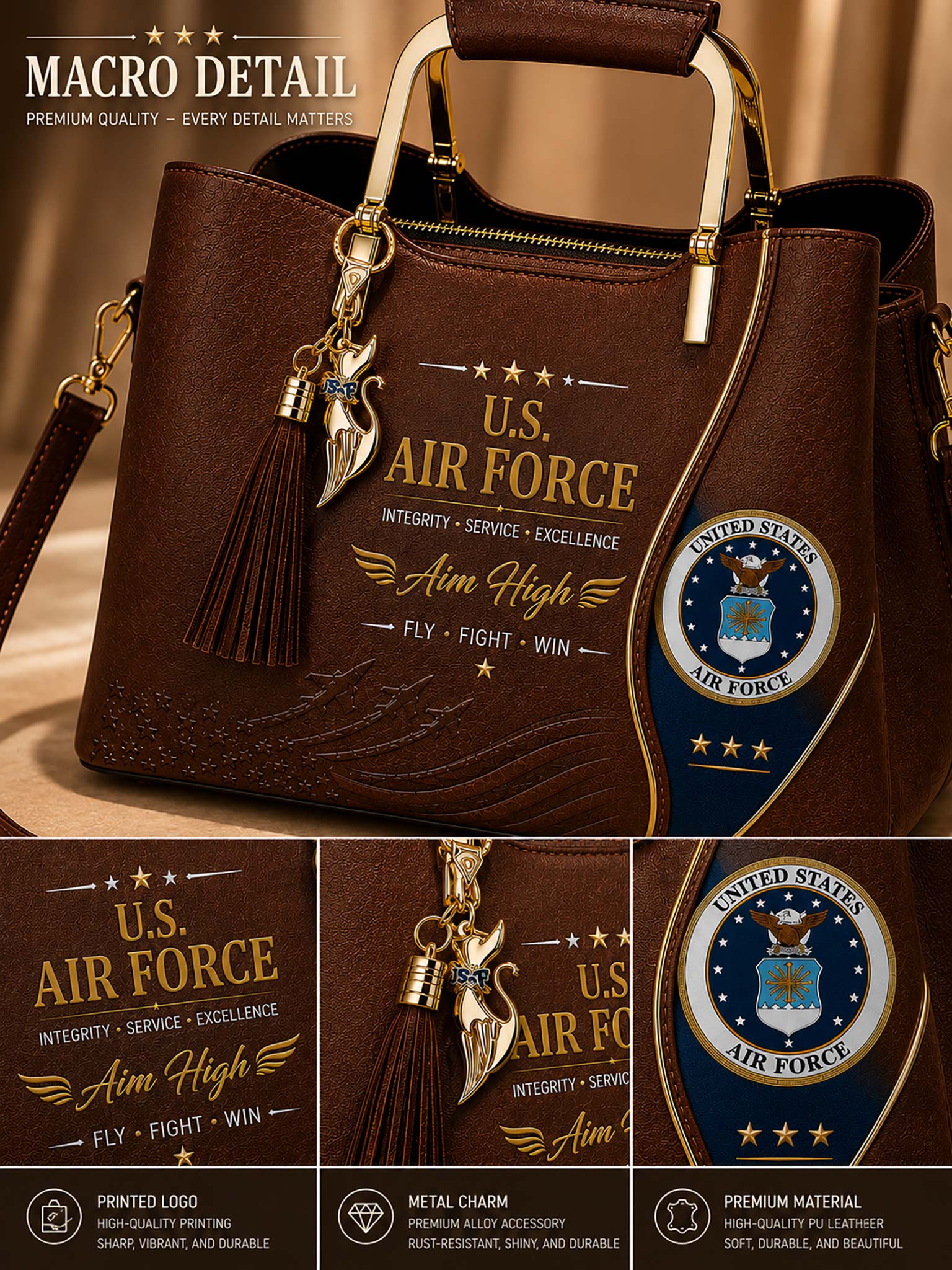 A brown leather handbag with U.S.