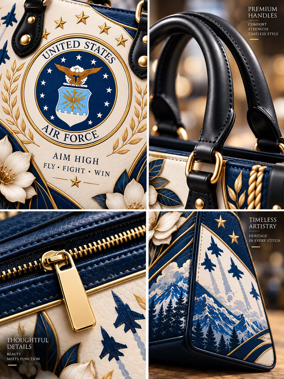 Air Force Heritage Elegance Leather Bag handle, zipper and printed design details