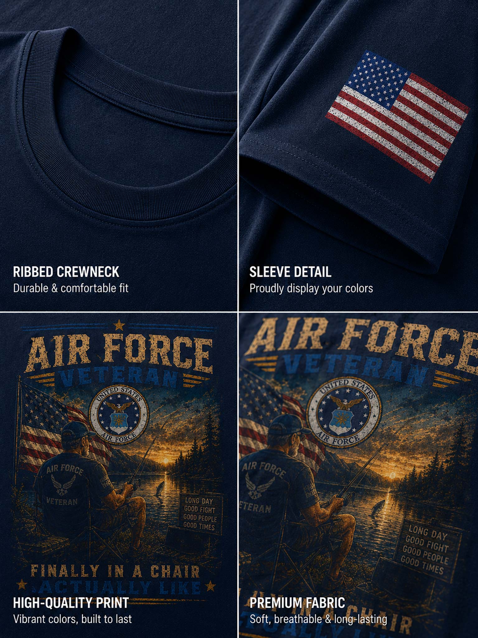 Four-panel product detail collage of a navy blue t-shirt. The top-left panel shows the ribbed crewneck.