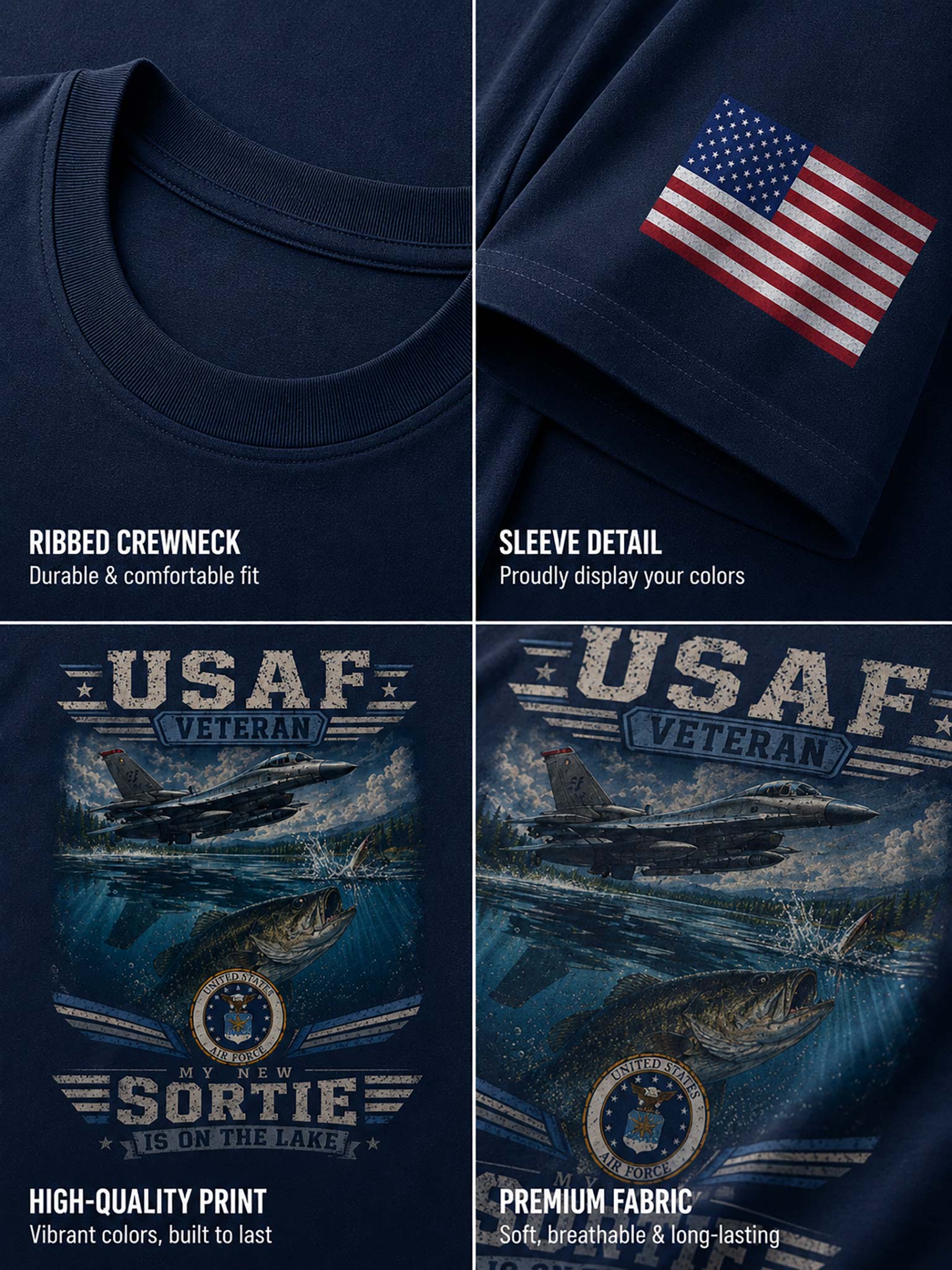 Four-panel product detail graphic for a navy blue t-shirt. The top-left panel shows the ribbed crewneck.