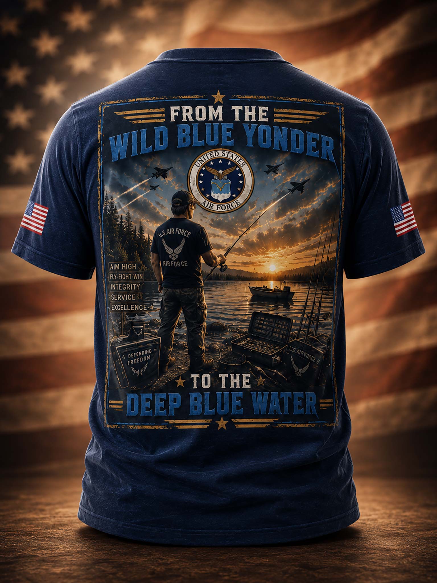 A navy blue short-sleeve t-shirt shown from the back, featuring a large patriotic fishing graphic with the text 'FROM THE WILD BLUE YONDER TO THE DEEP BLUE WATER' and a U.S.