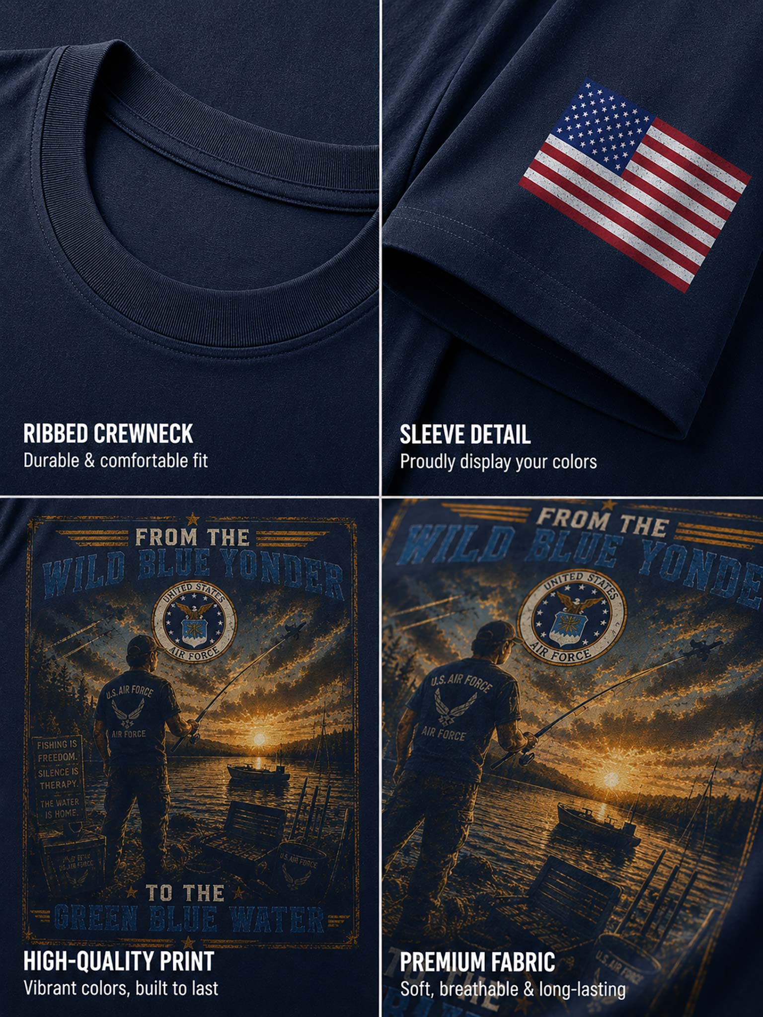 A four-panel product detail collage showing a navy blue T-shirt: ribbed crewneck close-up, sleeve detail with an American flag graphic, and the full front print reading 'From the Wild Side of the Water to the Great Blue Water' with a fisherman silhouette and U.S.