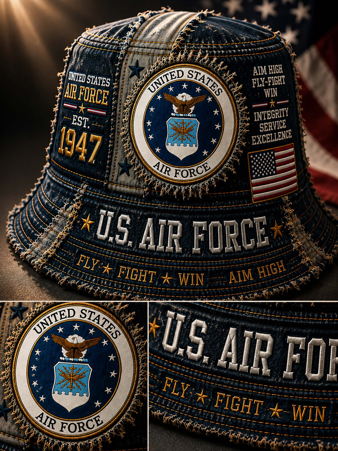 A military-themed bucket hat featuring embroidered United States Air Force insignia, patches, and text including 'U.S.