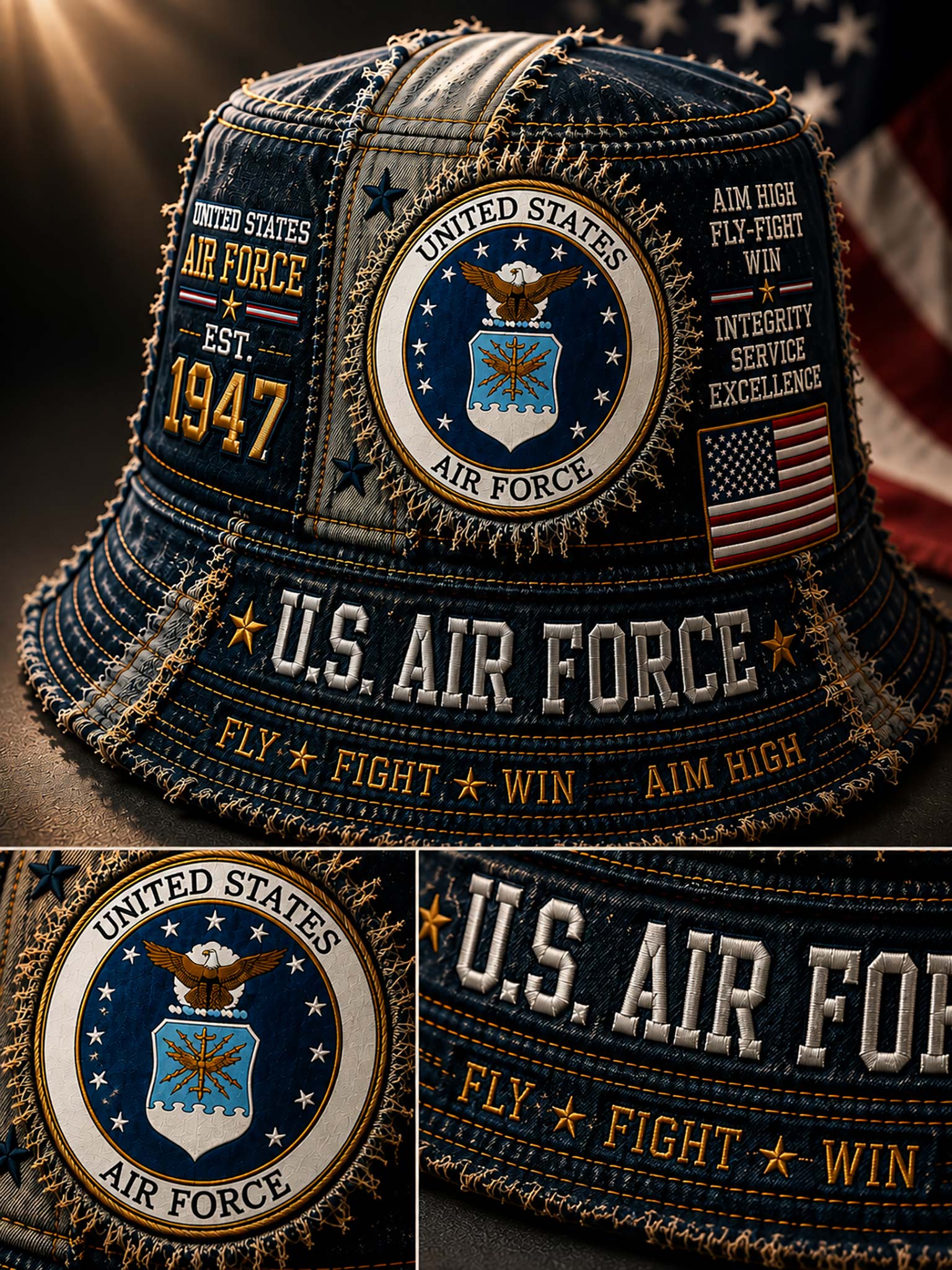 A military-themed bucket hat featuring embroidered United States Air Force insignia, patches, and text including 'U.S.