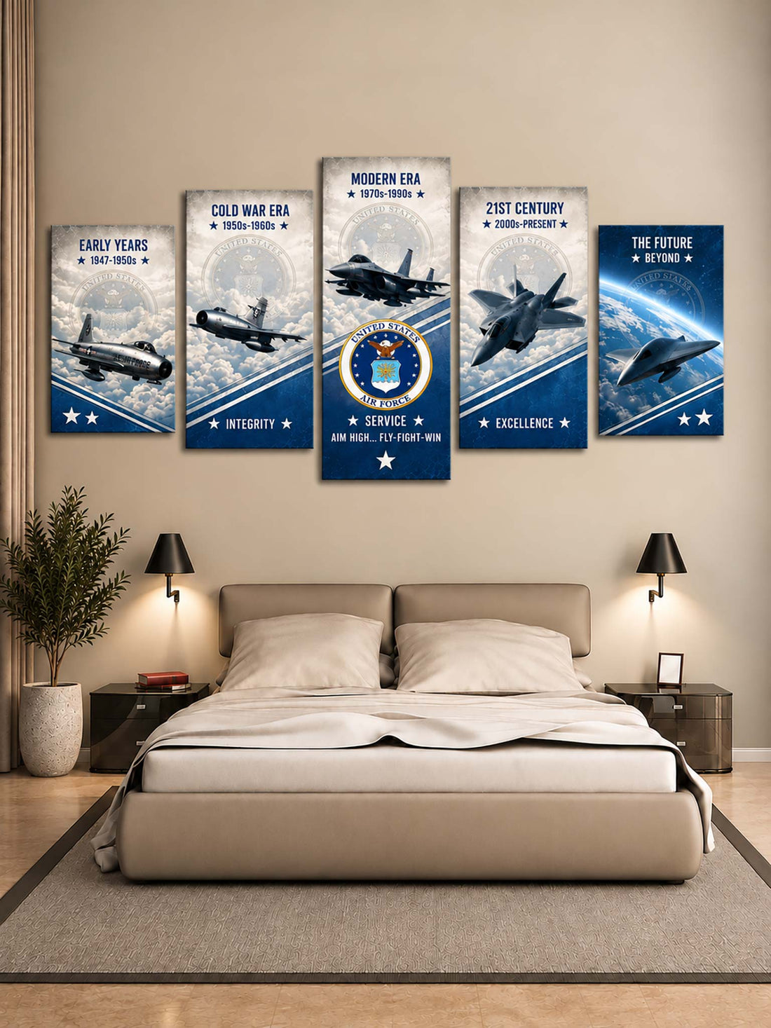 A 5-panel canvas wall art set depicting military aviation history, displayed above a bed in a modern bedroom setting. The panels feature illustrations of fighter jets, bombers, and a U.