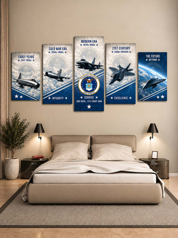 A 5-panel canvas wall art set depicting military aviation history, displayed above a bed in a modern bedroom setting. The panels feature illustrations of fighter jets, bombers, and a U.