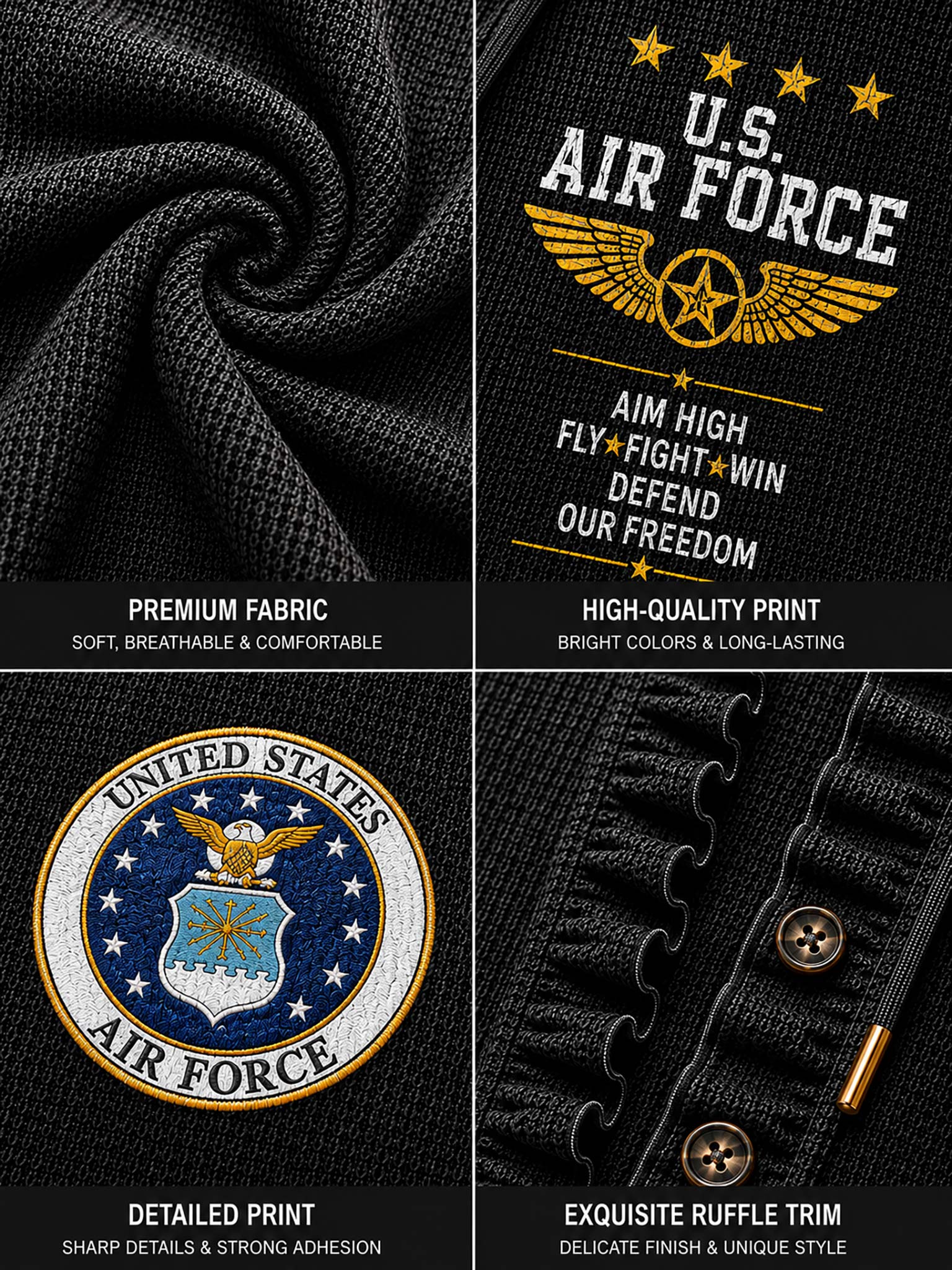 Four-panel close-up collage of a black ribbed knit fabric product with U.S.