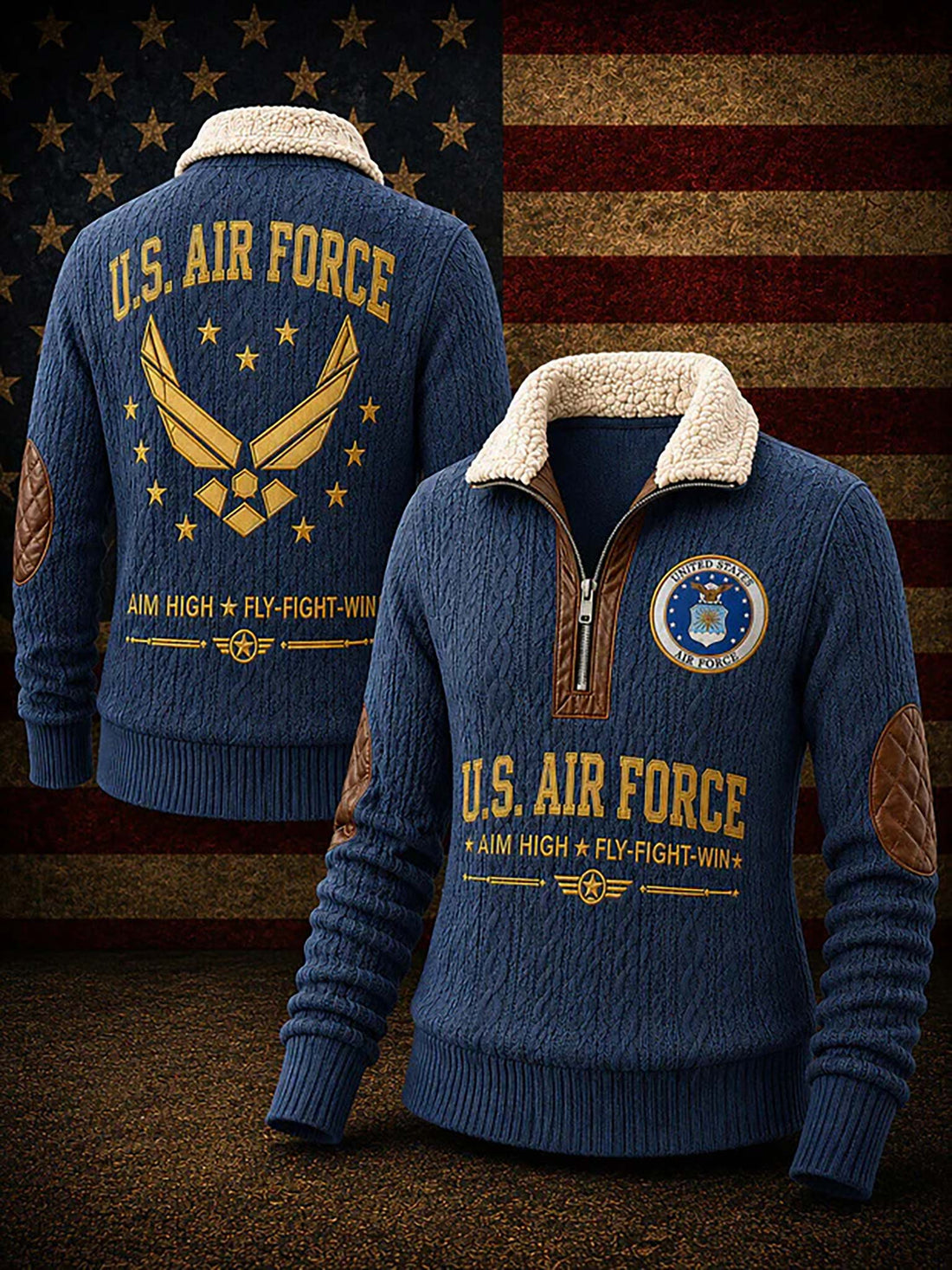 A blue cable-knit quarter-zip sweater shown from both front and back, with a cream sherpa collar, brown elbow patches, and U.S.