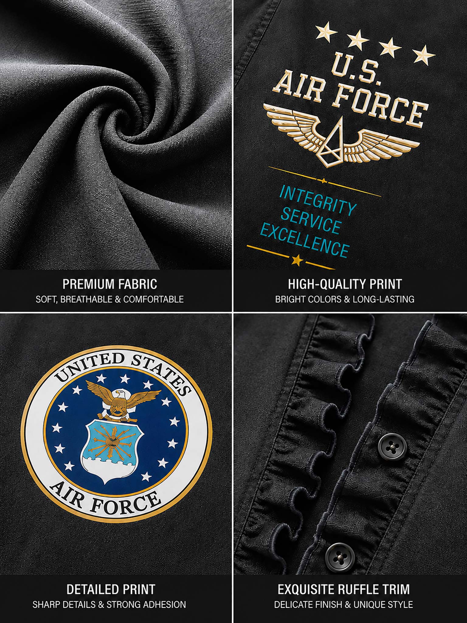 Four-panel close-up detail view of a black U.S.