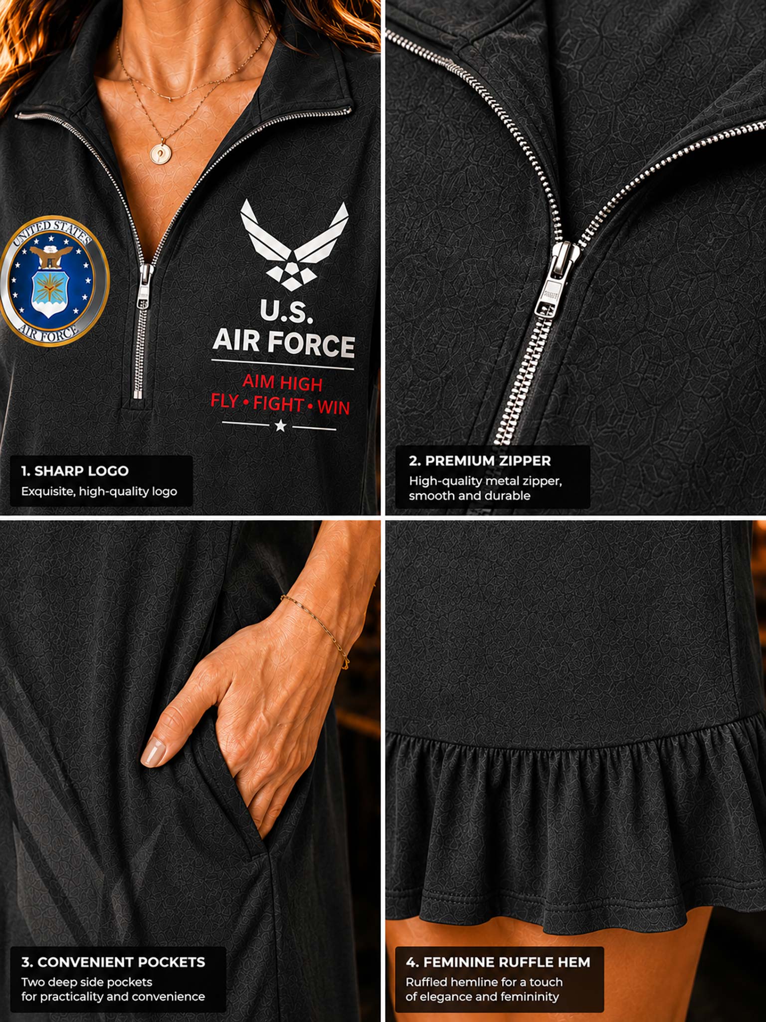 A four-panel close-up collage of a black U.S.