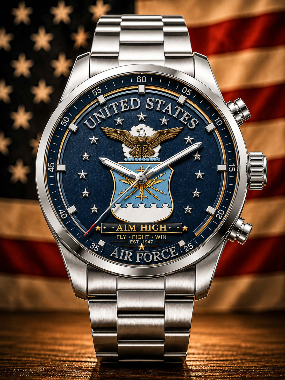 A stainless steel military-style wristwatch with a blue United States Air Force themed dial, featuring an eagle and shield emblem, set against a blurred American flag background.