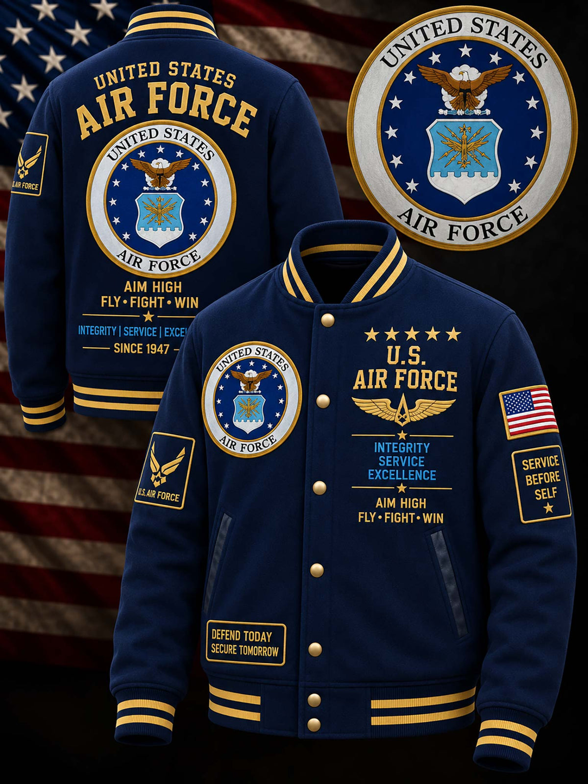 A navy blue varsity-style jacket with gold and white United States Air Force graphics, shown from the front and back against a dark American flag background. The jacket features large Air Force emblems, gold buttons, and ribbed gold and white trim.
