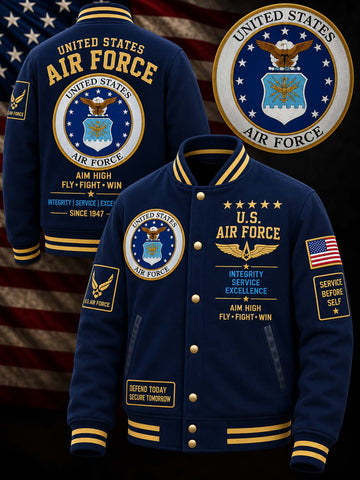 A navy blue varsity-style jacket with gold and white United States Air Force graphics, shown from the front and back against a dark American flag background. The jacket features large Air Force emblems, gold buttons, and ribbed gold and white trim.