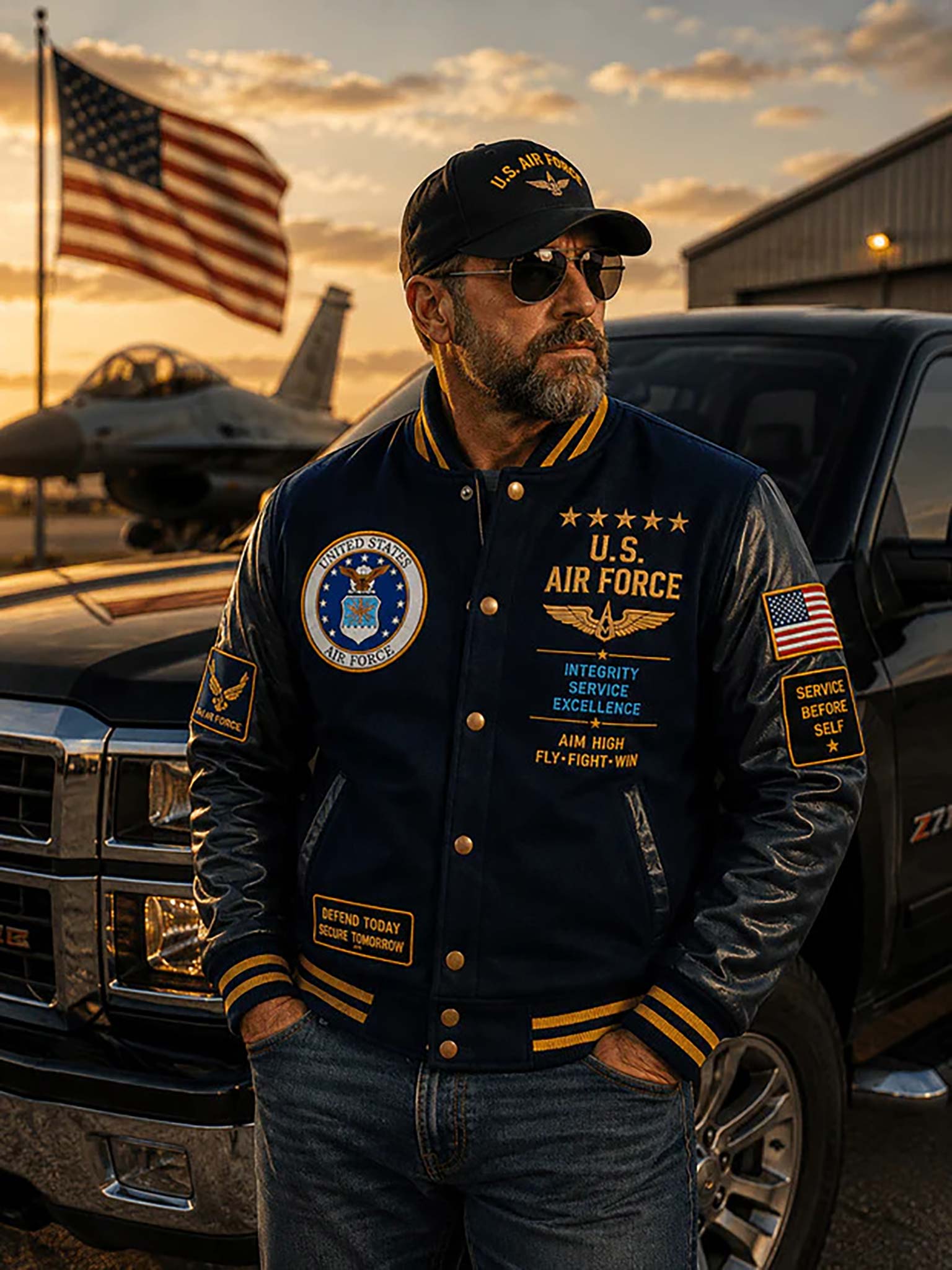 A man wearing a dark navy blue leather bomber jacket with gold and white U.S.