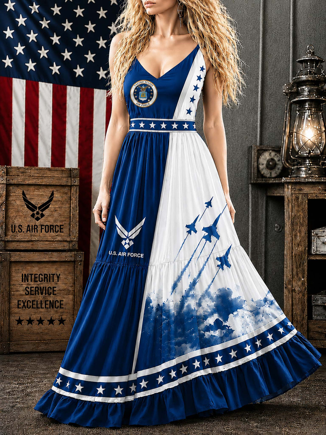 A woman models a sleeveless V-neck maxi dress with a U.S.